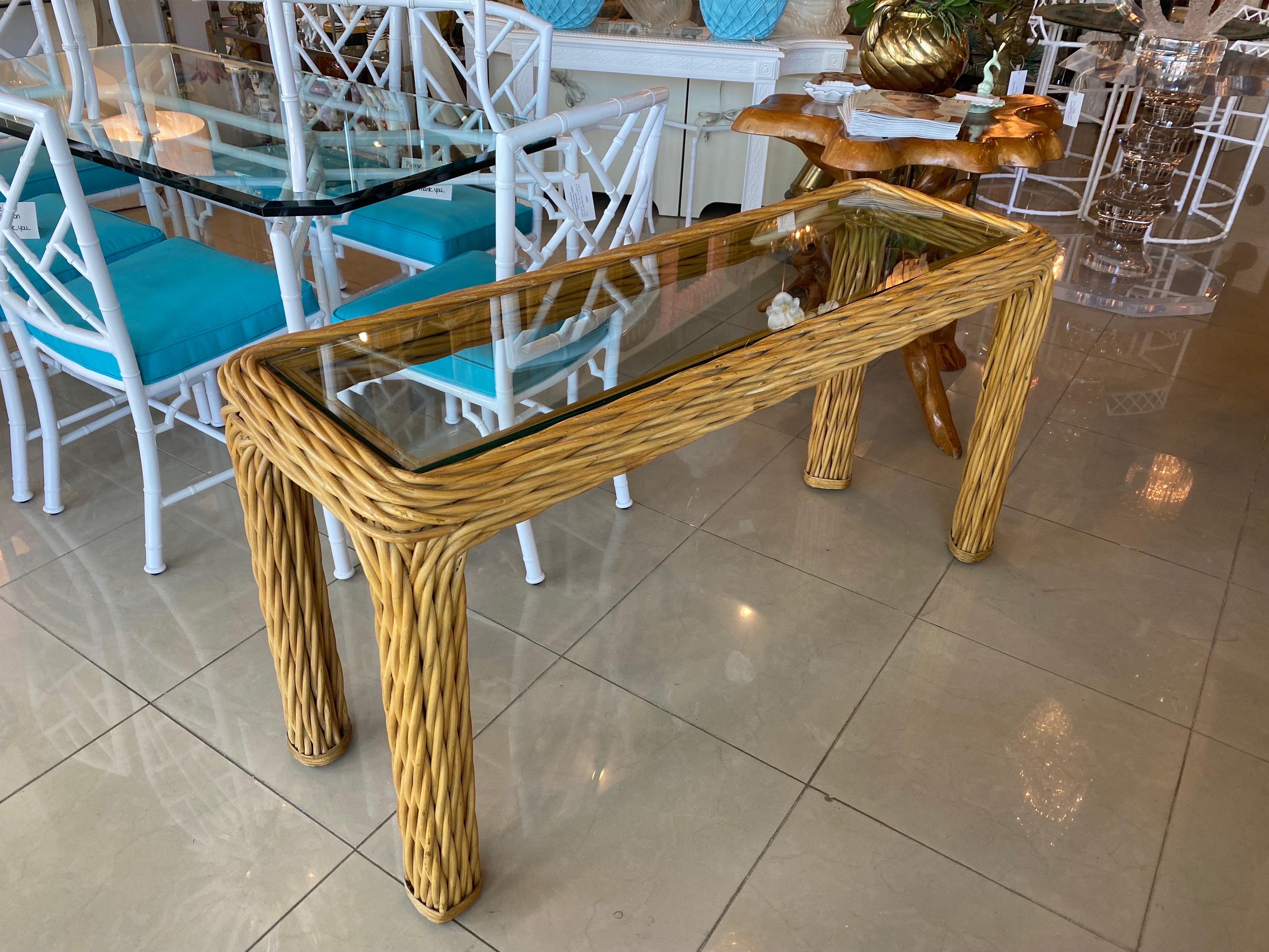 Vintage Palm Beach Twisted Rattan Reed Console Table New Glass Top For Sale 6
