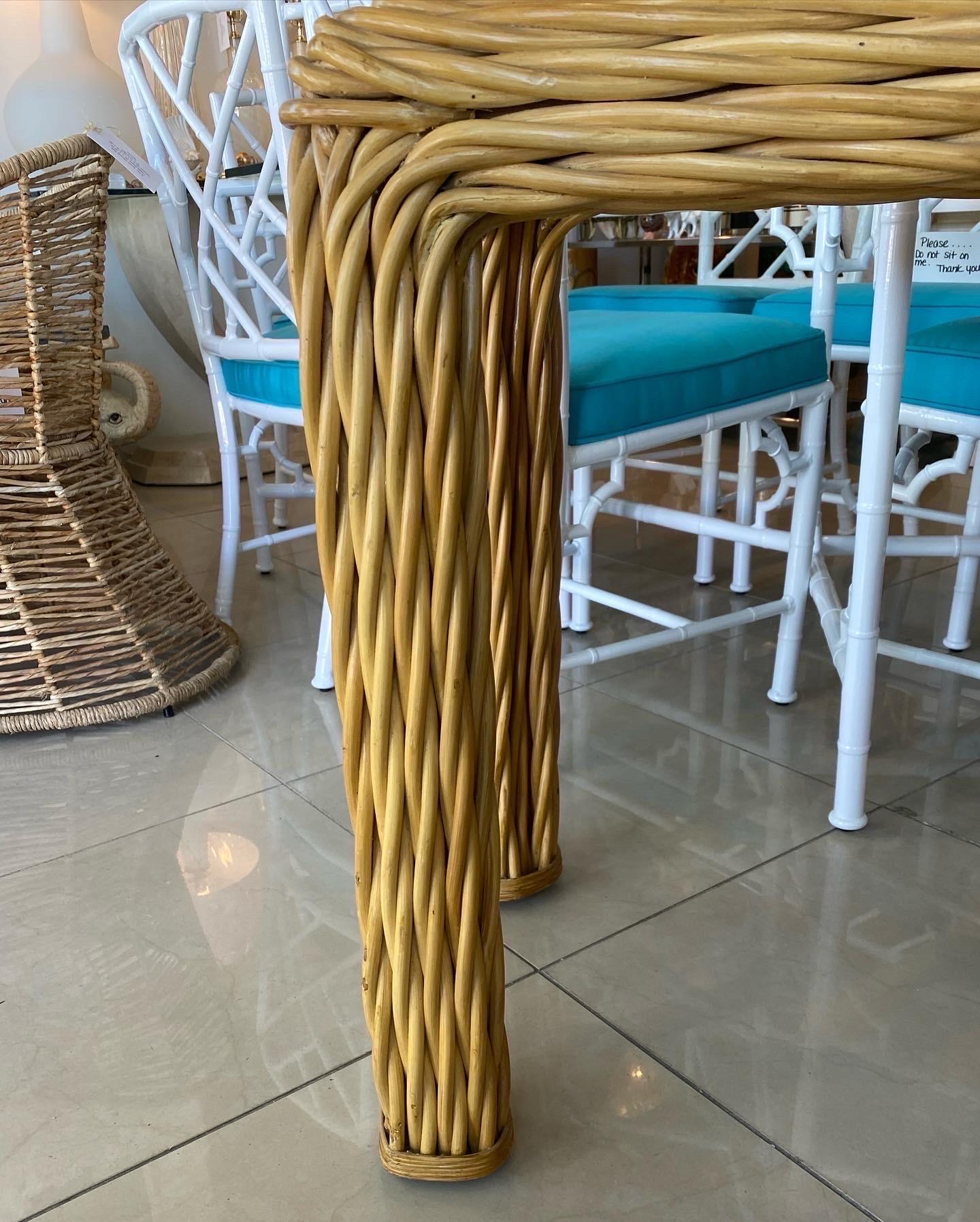 Vintage Palm Beach Twisted Rattan Reed Console Table New Glass Top For Sale 7