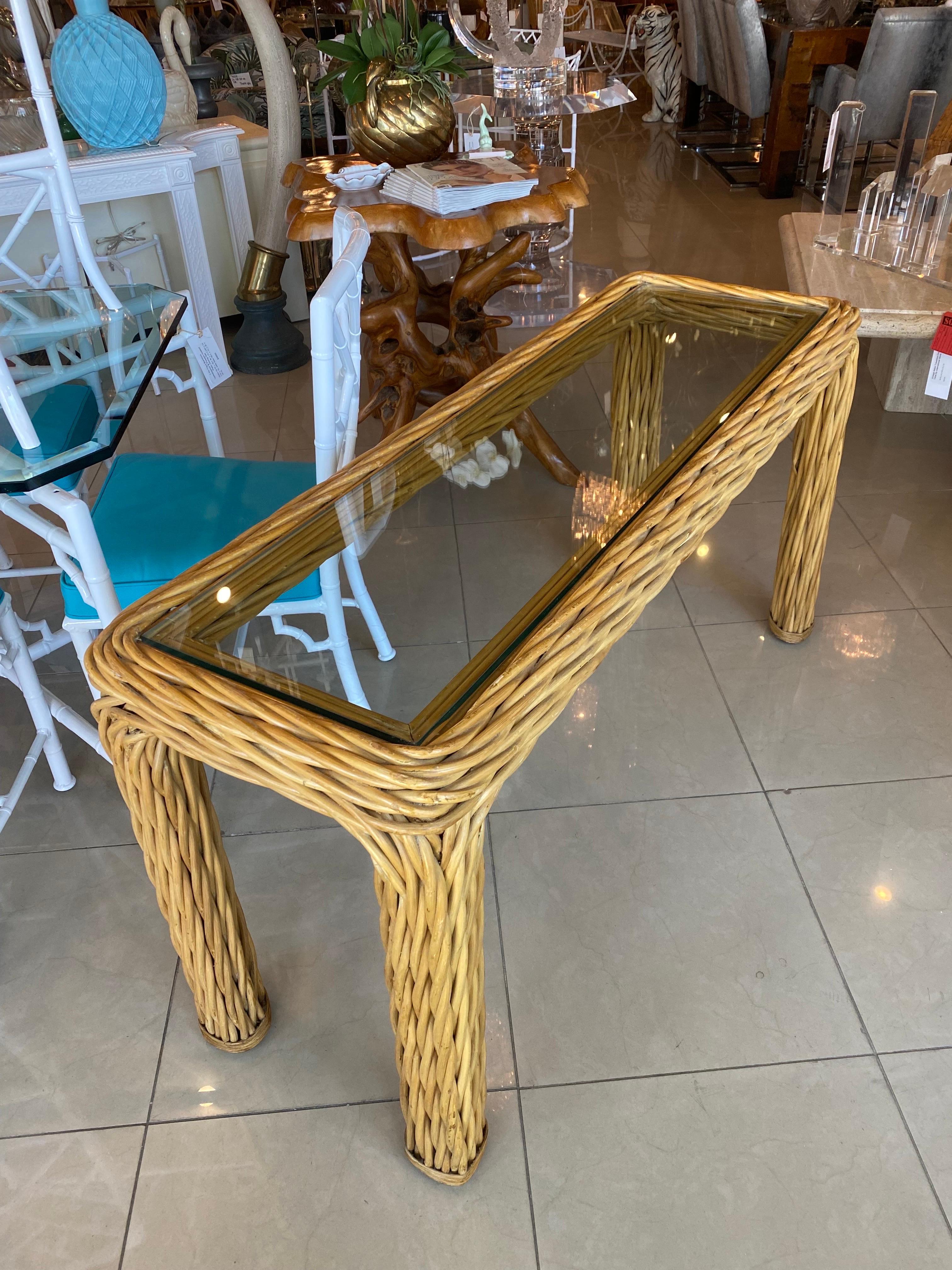 Vintage Palm Beach Twisted Rattan Reed Console Table New Glass Top For Sale 8