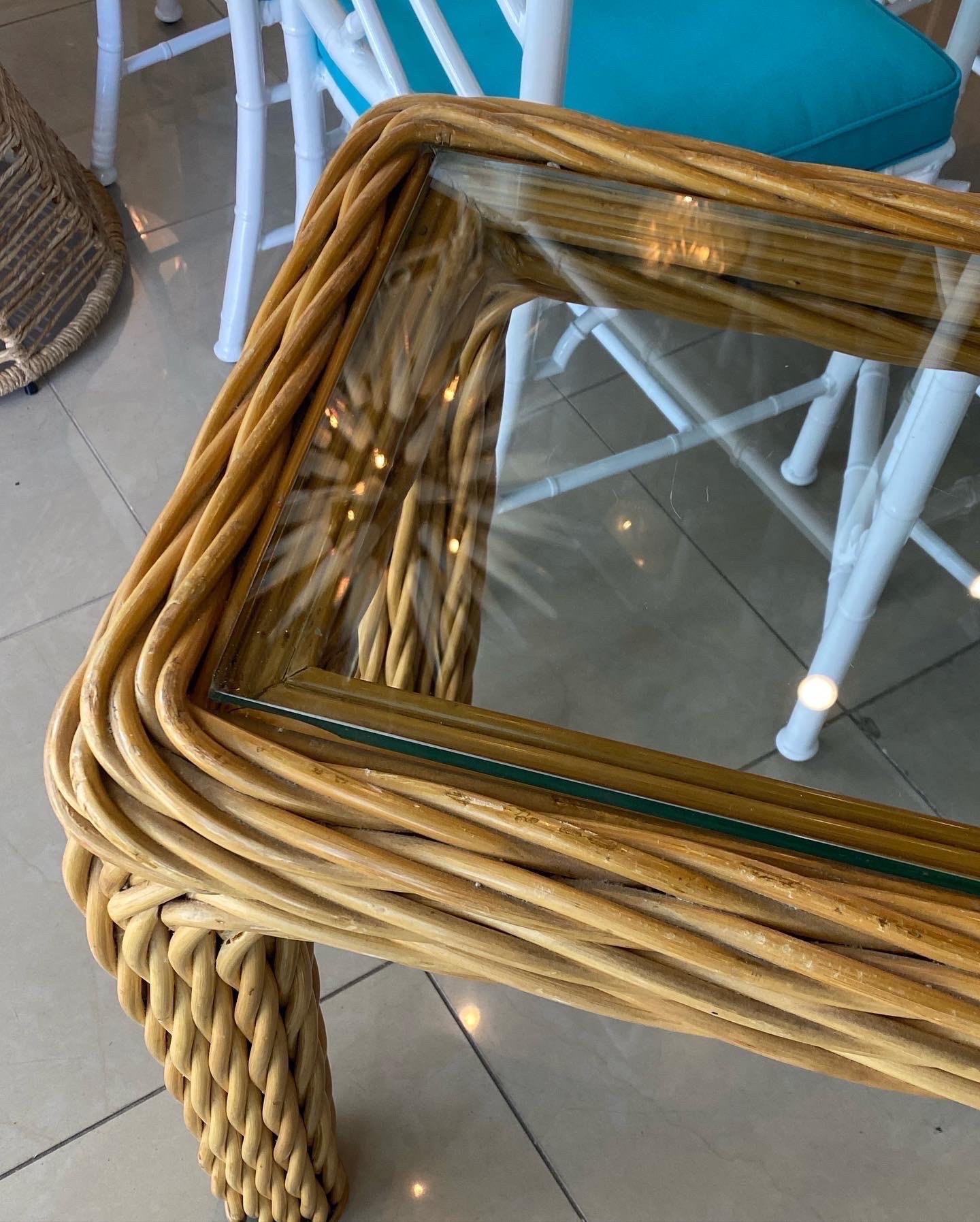 Vintage Palm Beach Twisted Rattan Reed Console Table New Glass Top For Sale 11