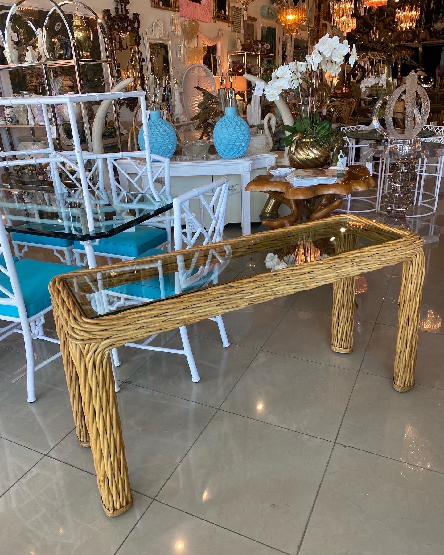 Vintage Palm Beach Twisted Rattan Reed Console Table New Glass Top For Sale 12
