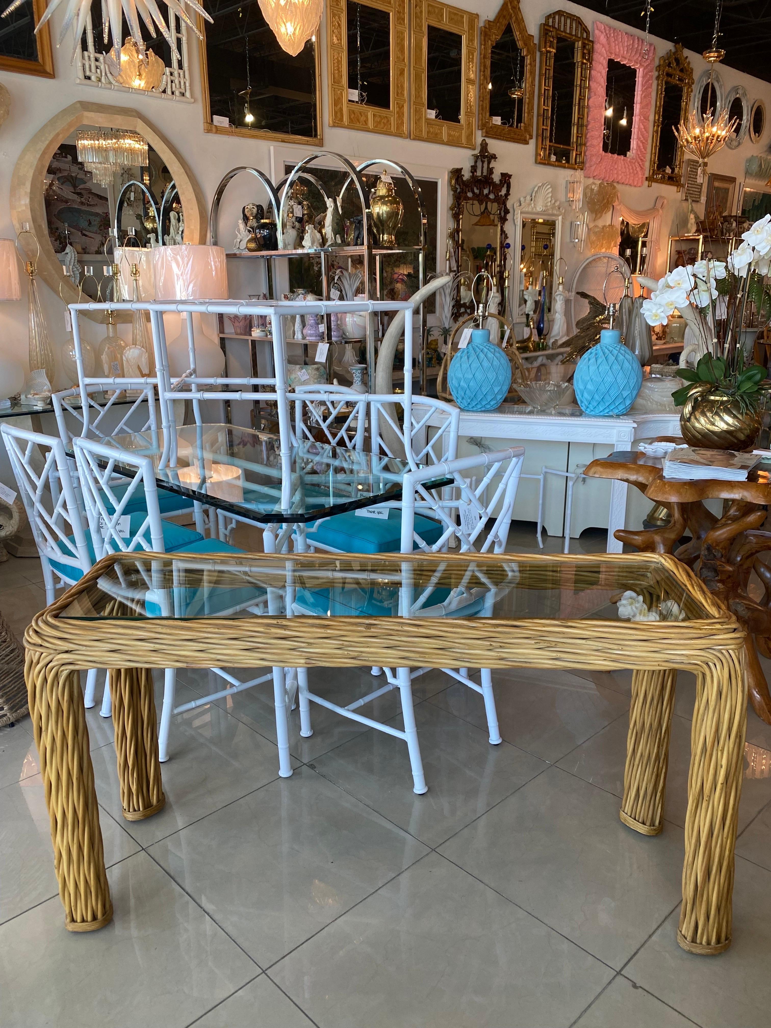 Mid-Century Modern Vintage Palm Beach Twisted Rattan Reed Console Table New Glass Top For Sale