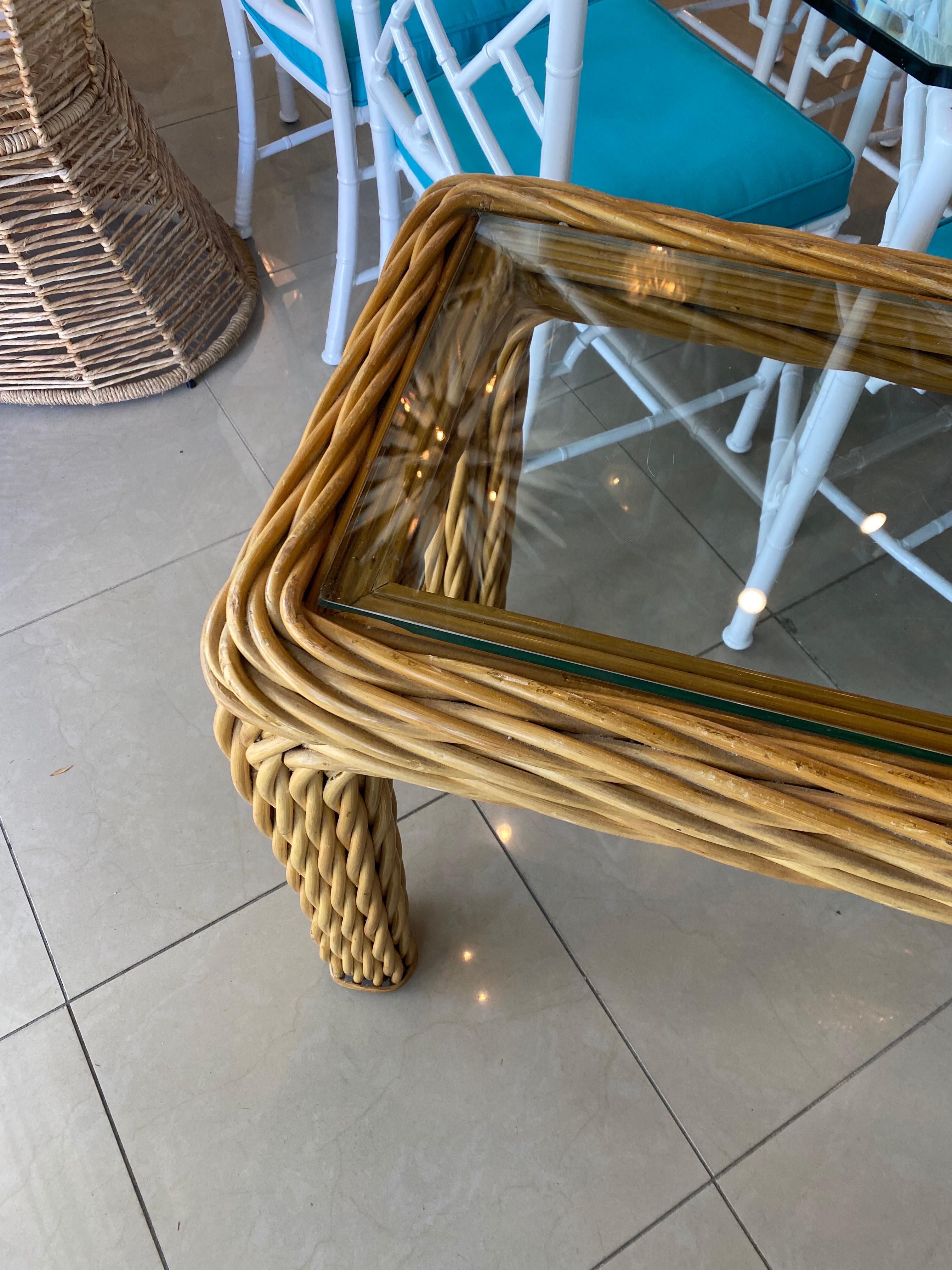American Vintage Palm Beach Twisted Rattan Reed Console Table New Glass Top For Sale