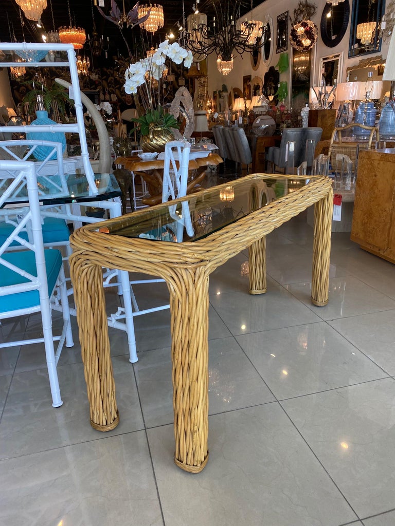 Vintage Palm Beach Twisted Rattan Reed Console Table New Glass Top For