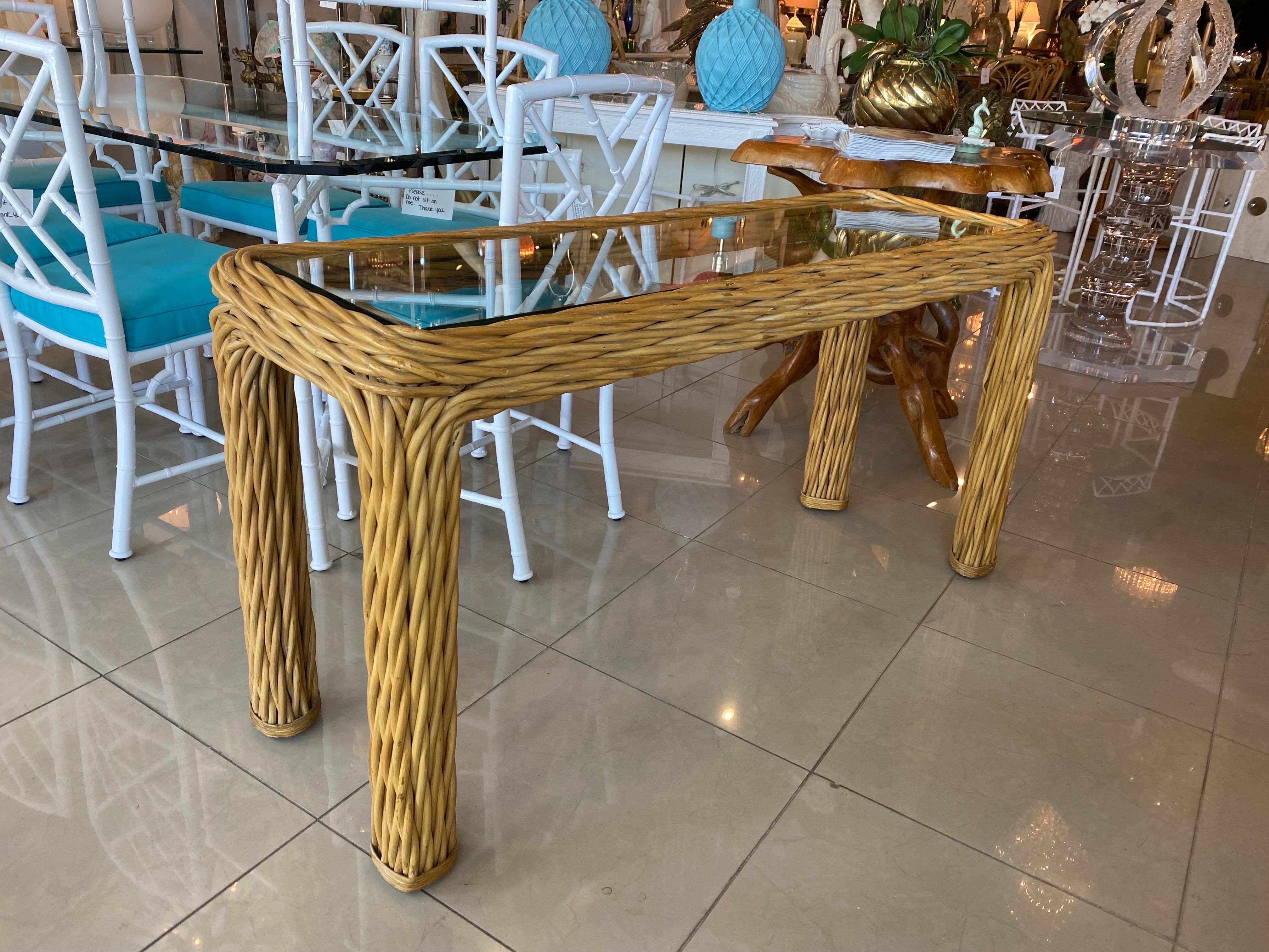 Vintage Palm Beach Twisted Rattan Reed Console Table New Glass Top For Sale 2