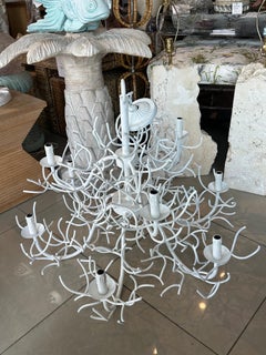 Vintage Palm Beach White Metal Iron Faux Coral 9 Light Chandelier Two Tier