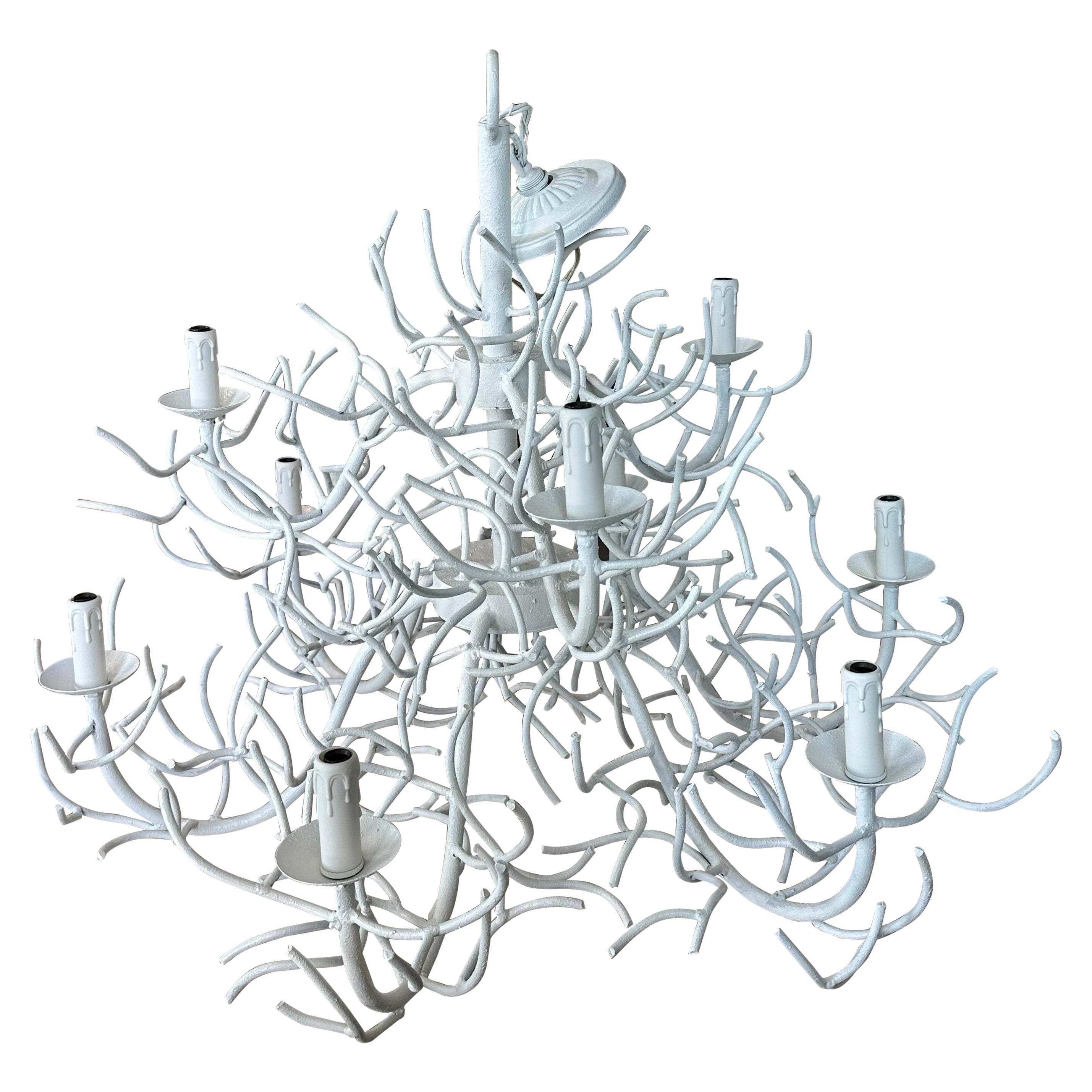 Lustre à deux niveaux vintage Palm Beach White Metal Iron Faux Coral 9 Light