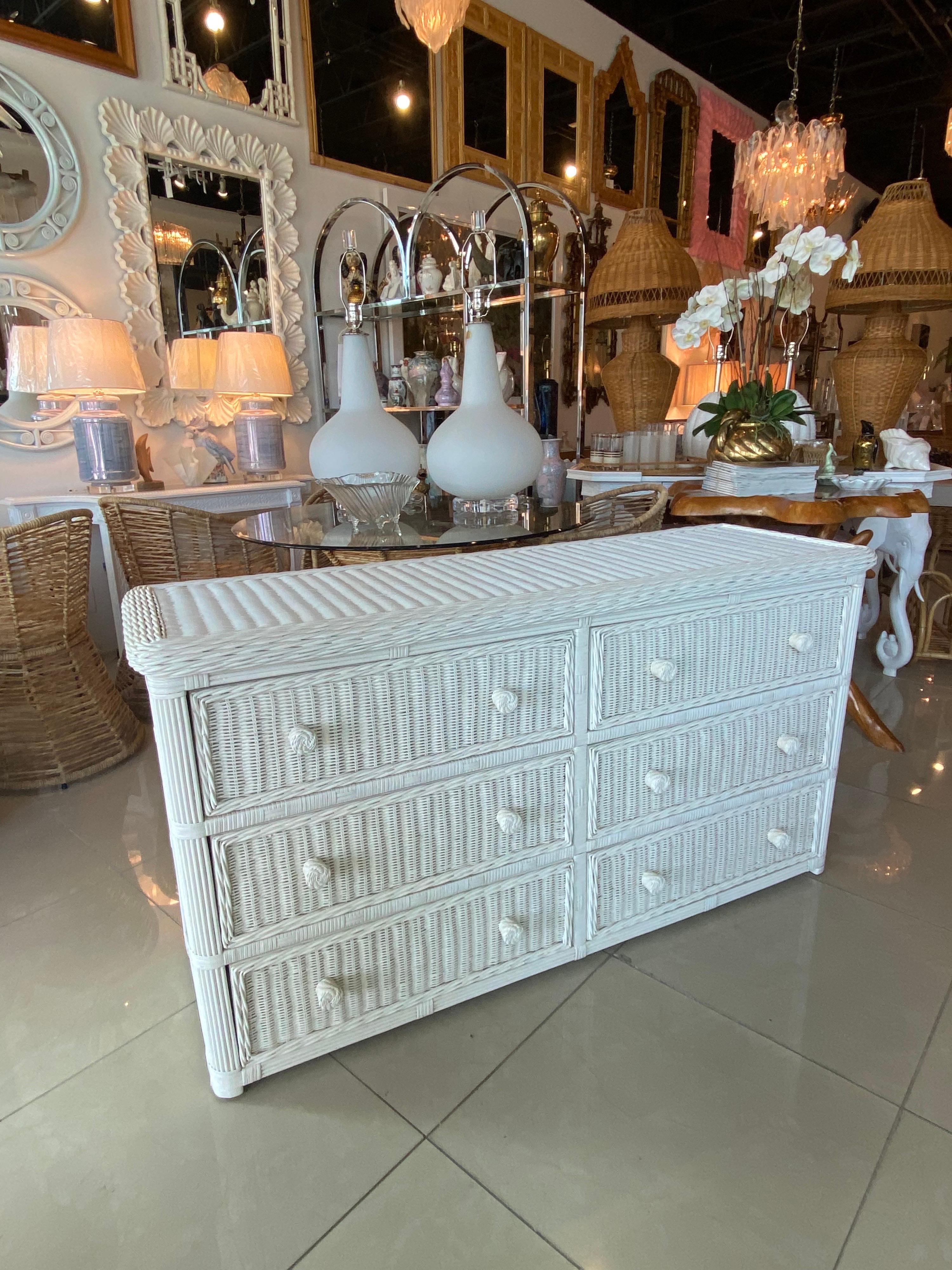 Vintage Palm Beach White Wicker Dresser 6 Drawers 3