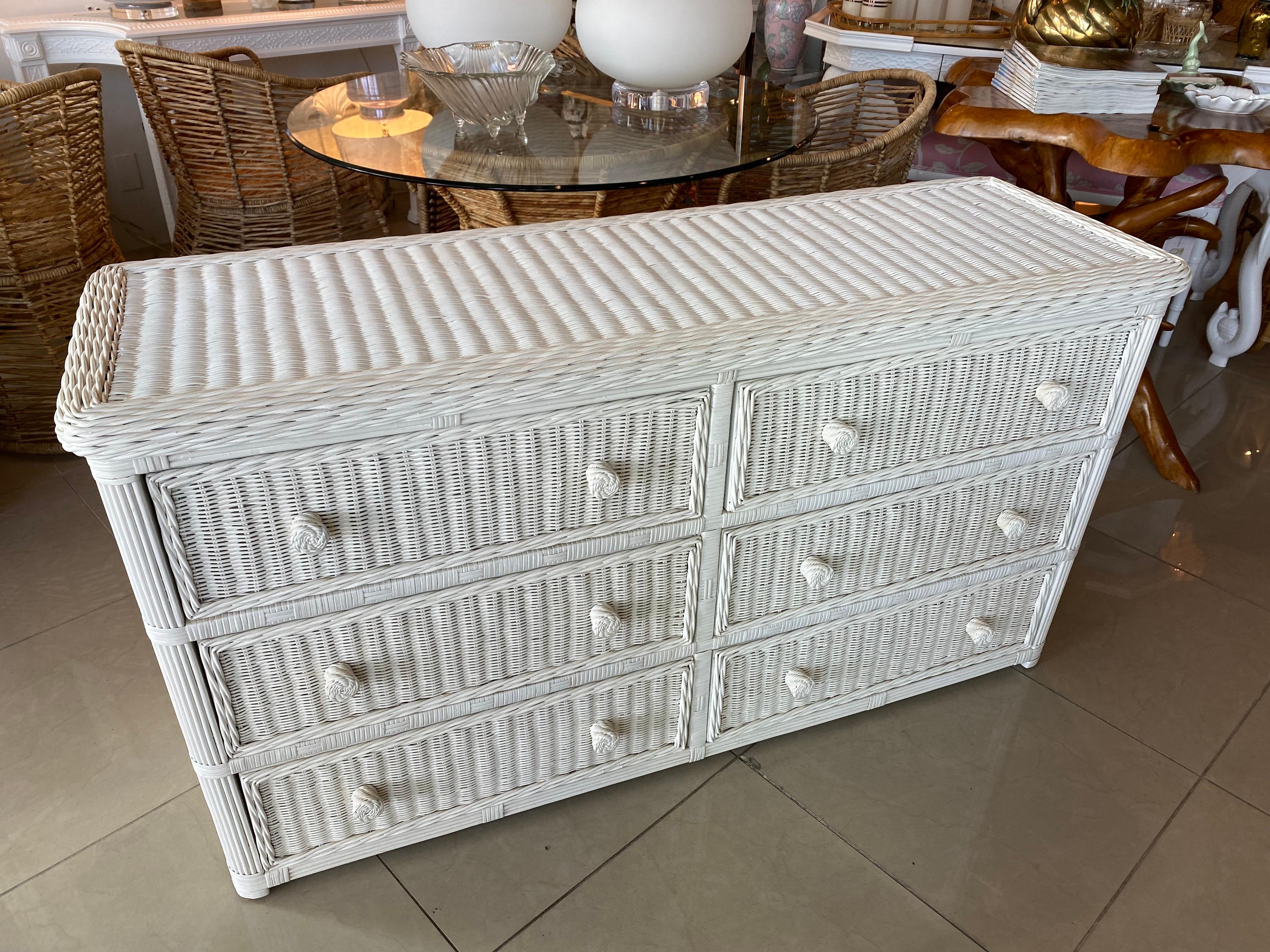 Hollywood Regency Vintage Palm Beach White Wicker Dresser 6 Drawers