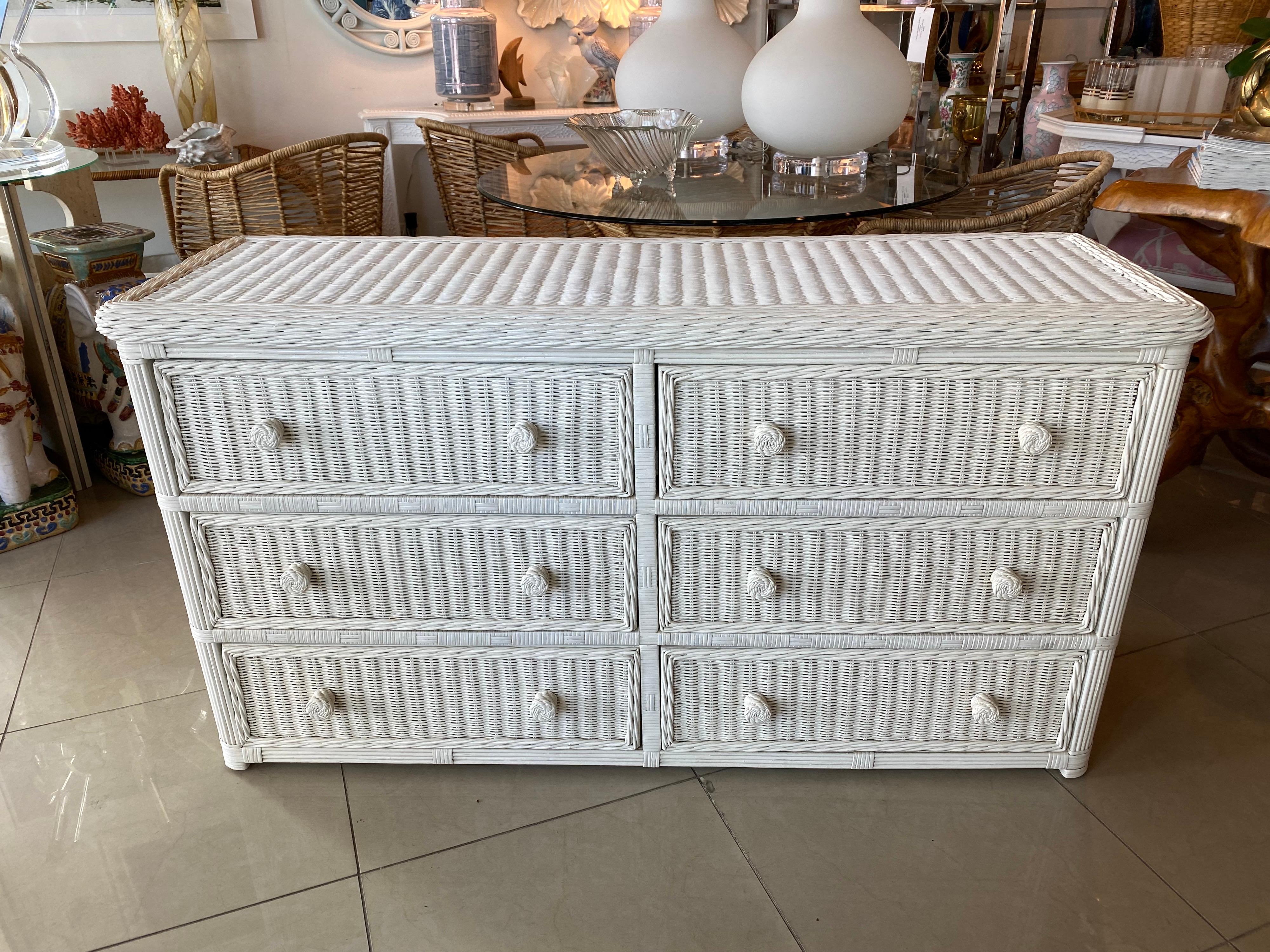 American Vintage Palm Beach White Wicker Dresser 6 Drawers