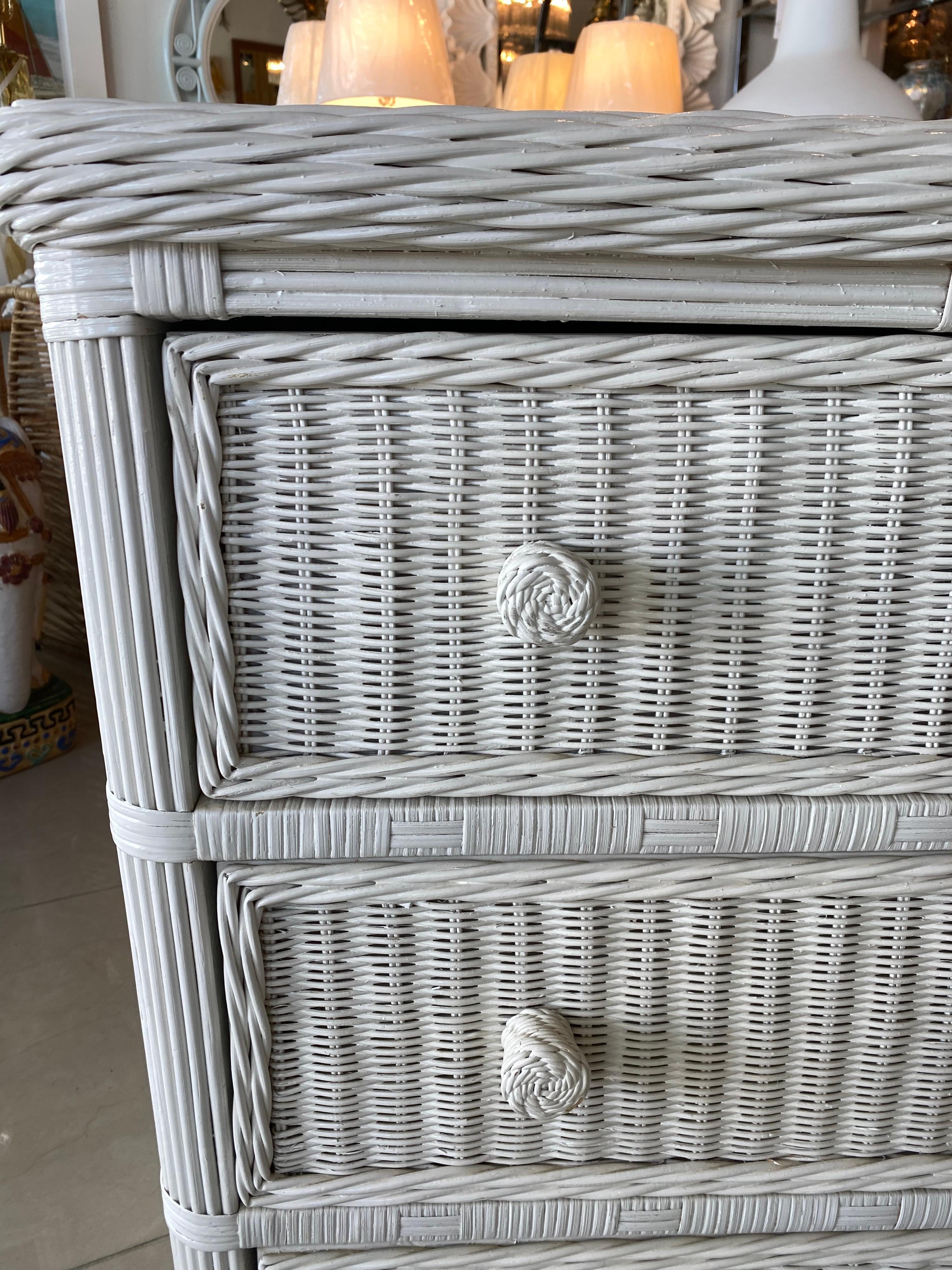 Late 20th Century Vintage Palm Beach White Wicker Dresser 6 Drawers