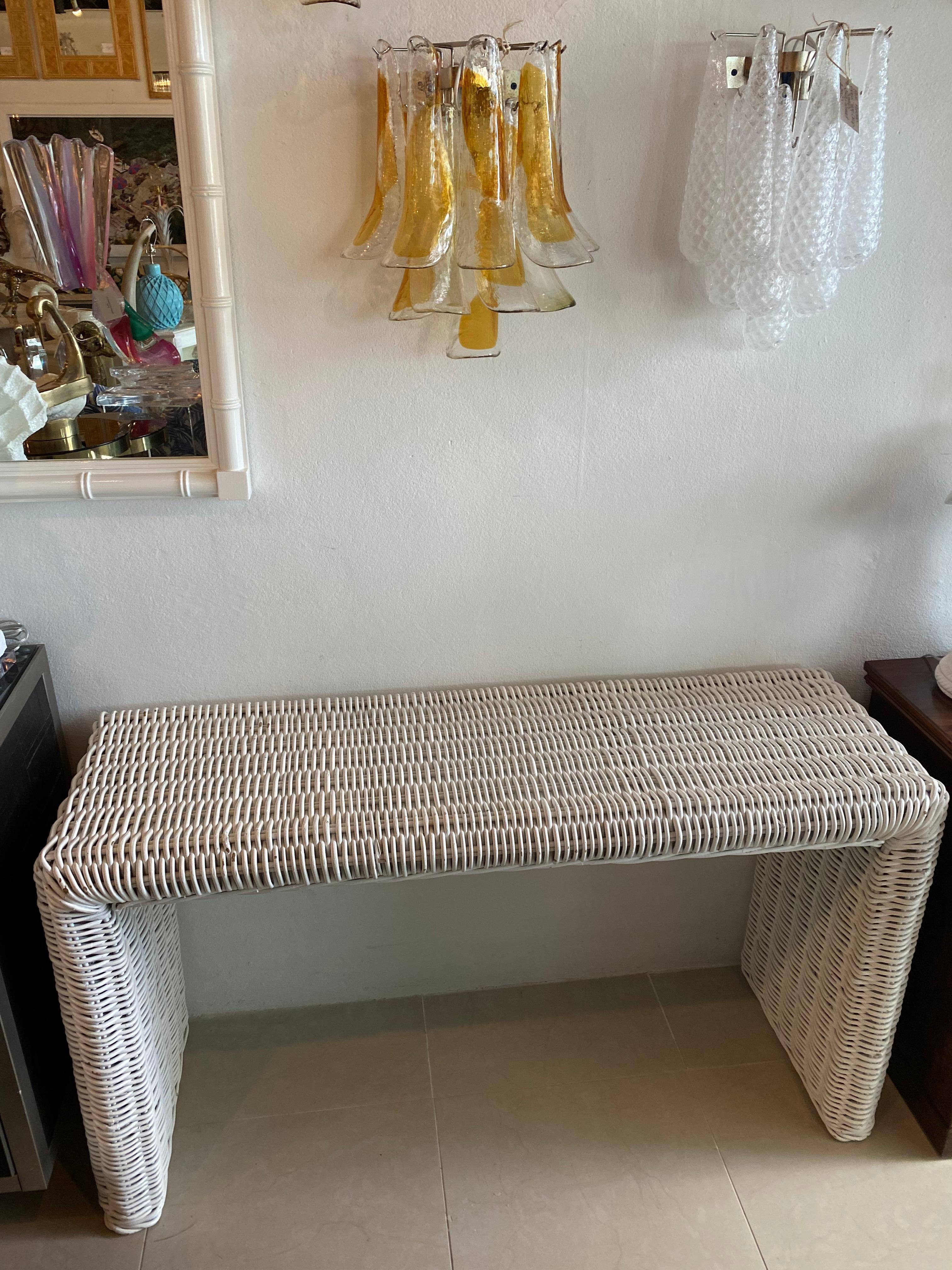 Vintage Palm Beach White Wicker Waterfall Console Sofa Table For Sale 2