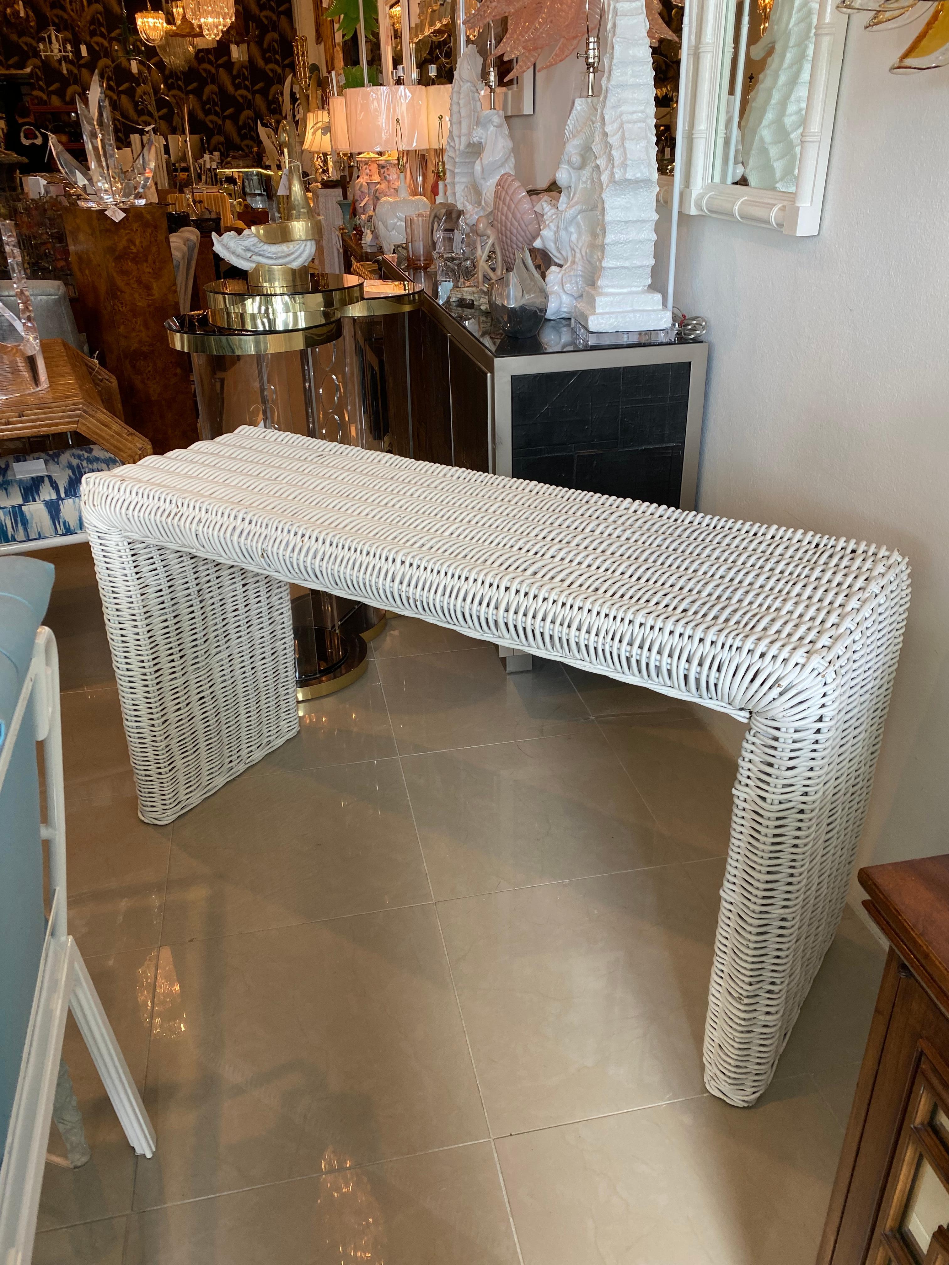 American Vintage Palm Beach White Wicker Waterfall Console Sofa Table For Sale
