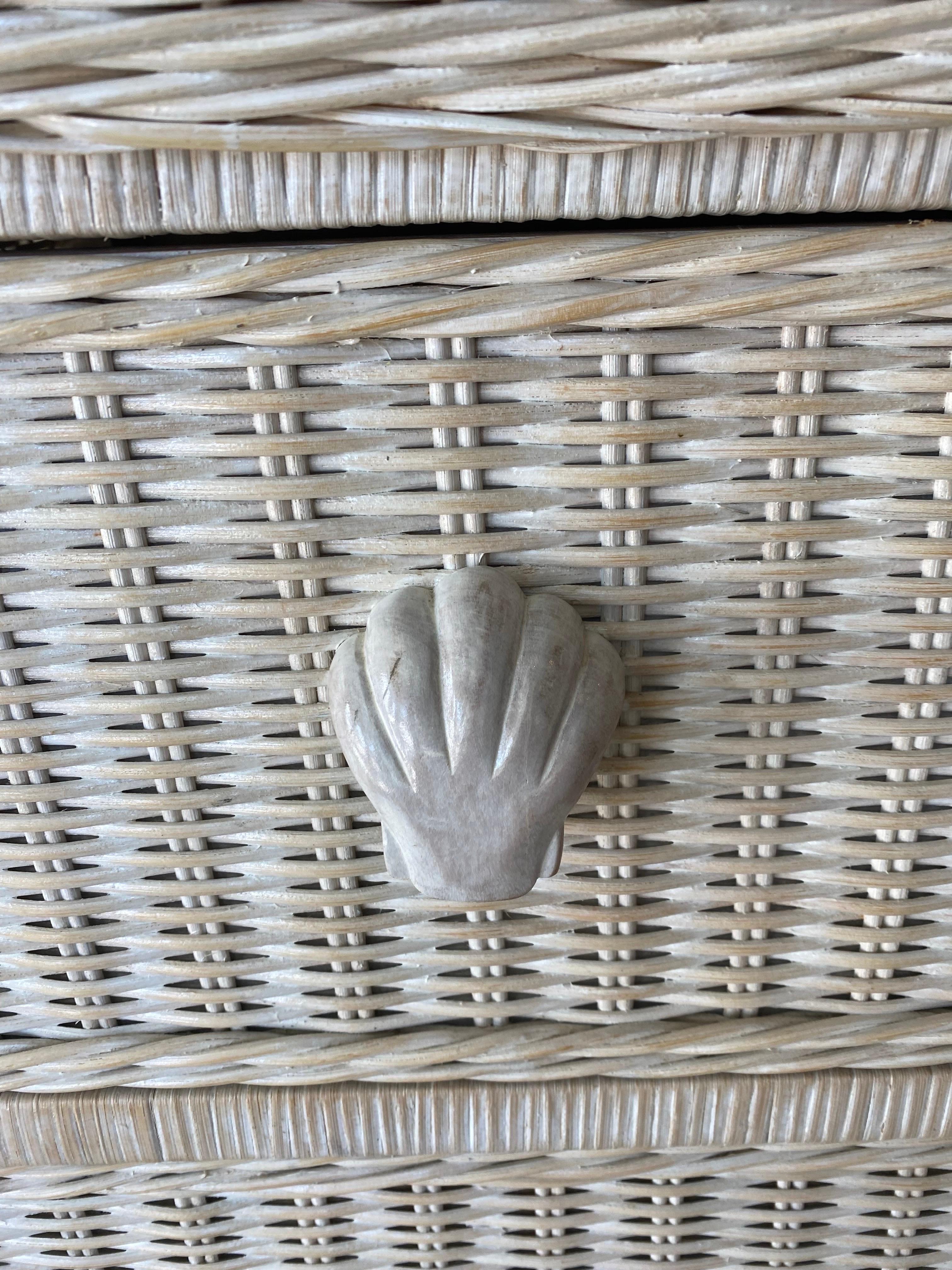 Vintage Palm Beach Wicker Chest of 4 Drawers Dresser Shell Pulls at