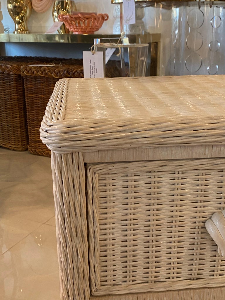 Vintage Palm Beach Wicker Nightstand Chest of 2 Drawers Shell Pulls For