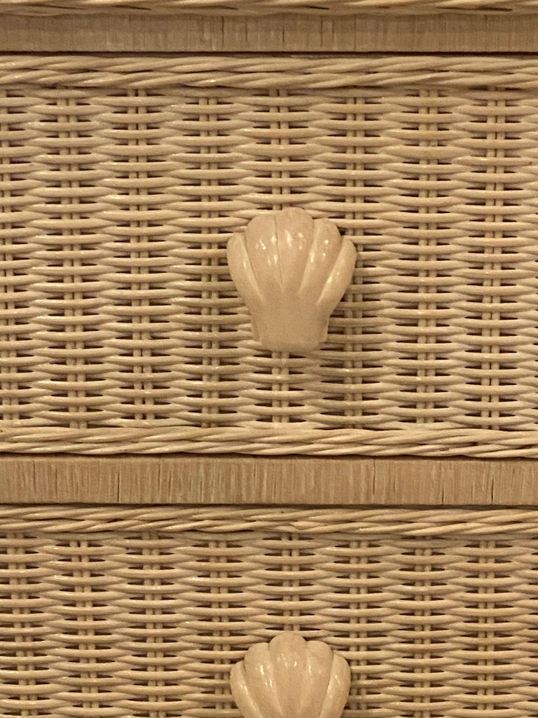 Vintage Palm Beach Wicker Nightstand Chest of 2 Drawers Shell Pulls For
