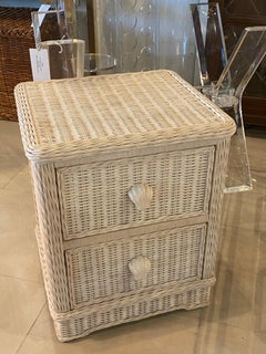 Vintage Palm Beach Wicker Nightstand Chest of 2 Drawers Shell Pulls
