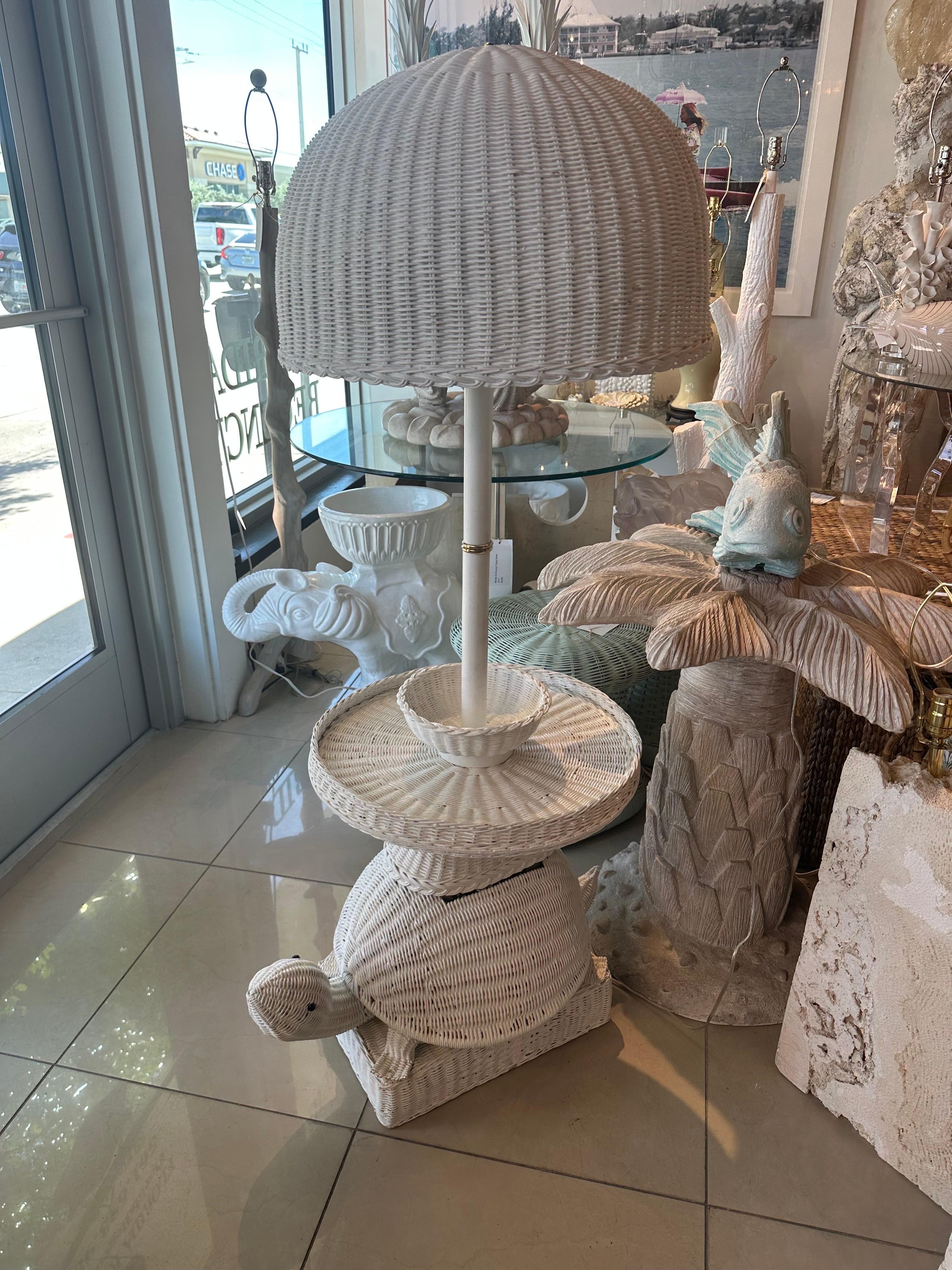 Hollywood Regency Vintage Palm Beach Wicker Turtle Floor End Side Table Lamp Newly Wired For Sale