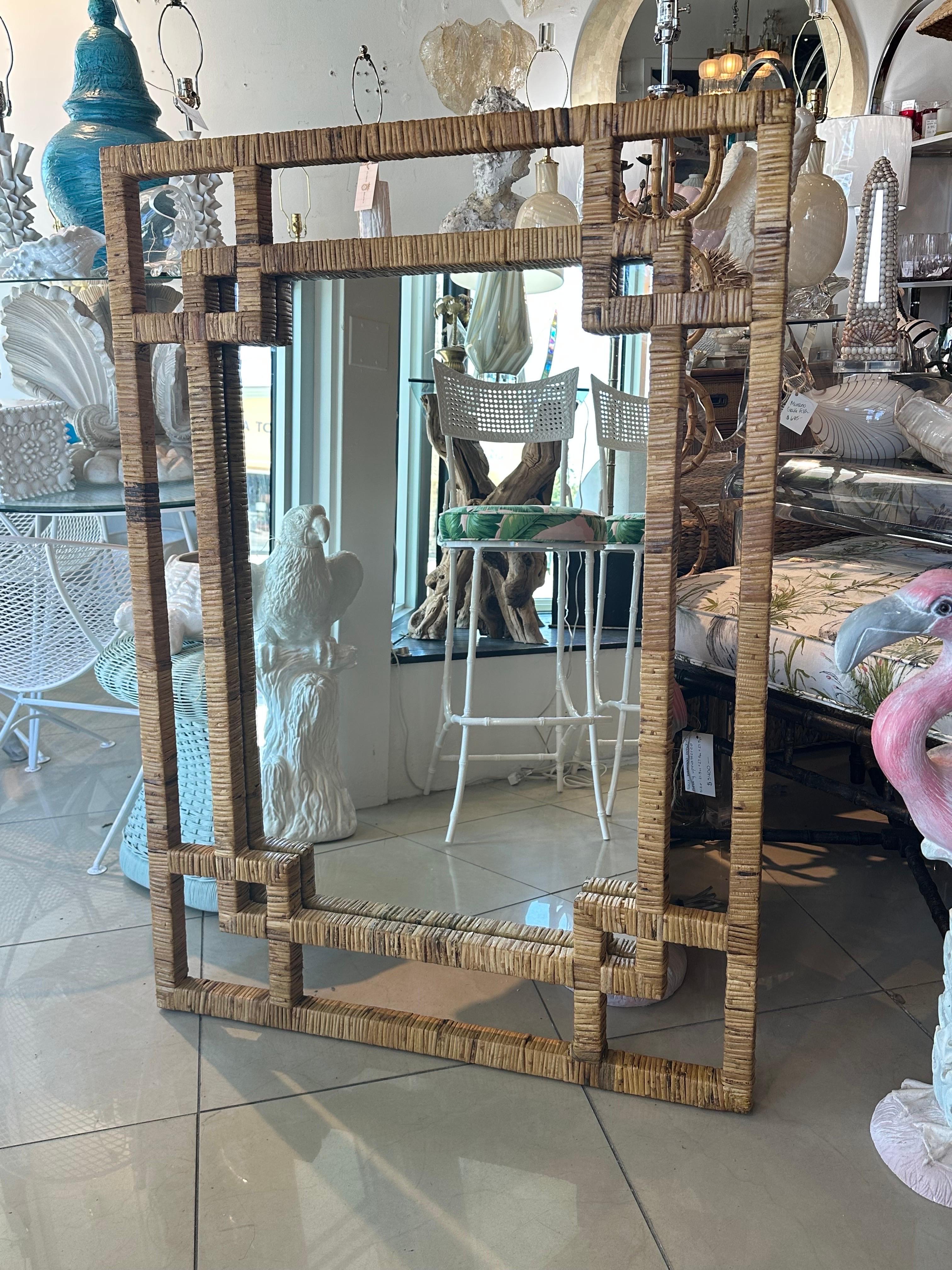 Vintage Palm Beach Woven Wrapped Rattan Geometric  Bamboo Wall Mirror  For Sale 4