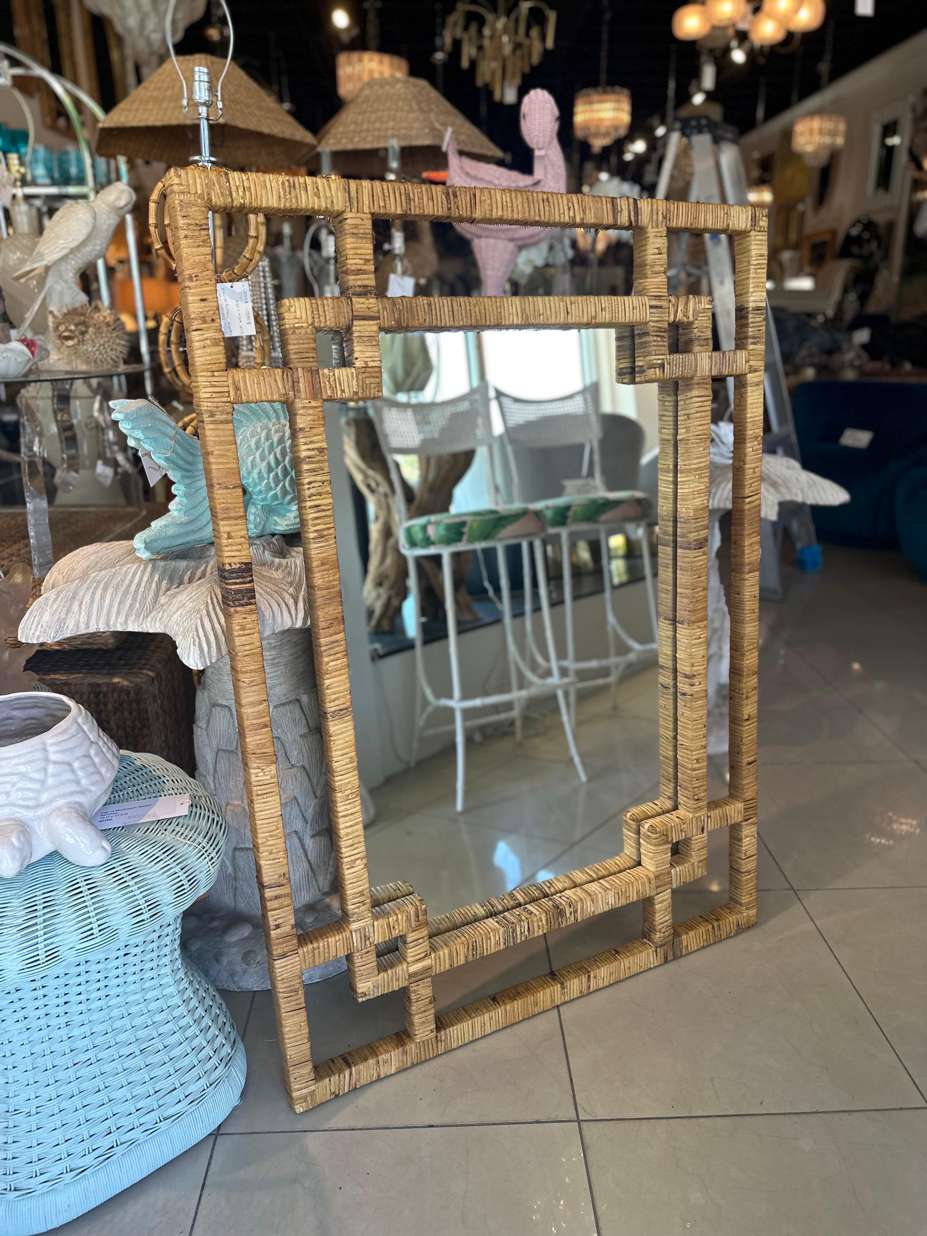 Vintage Palm Beach Woven Wrapped Rattan Geometric  Bamboo Wall Mirror  For Sale 5