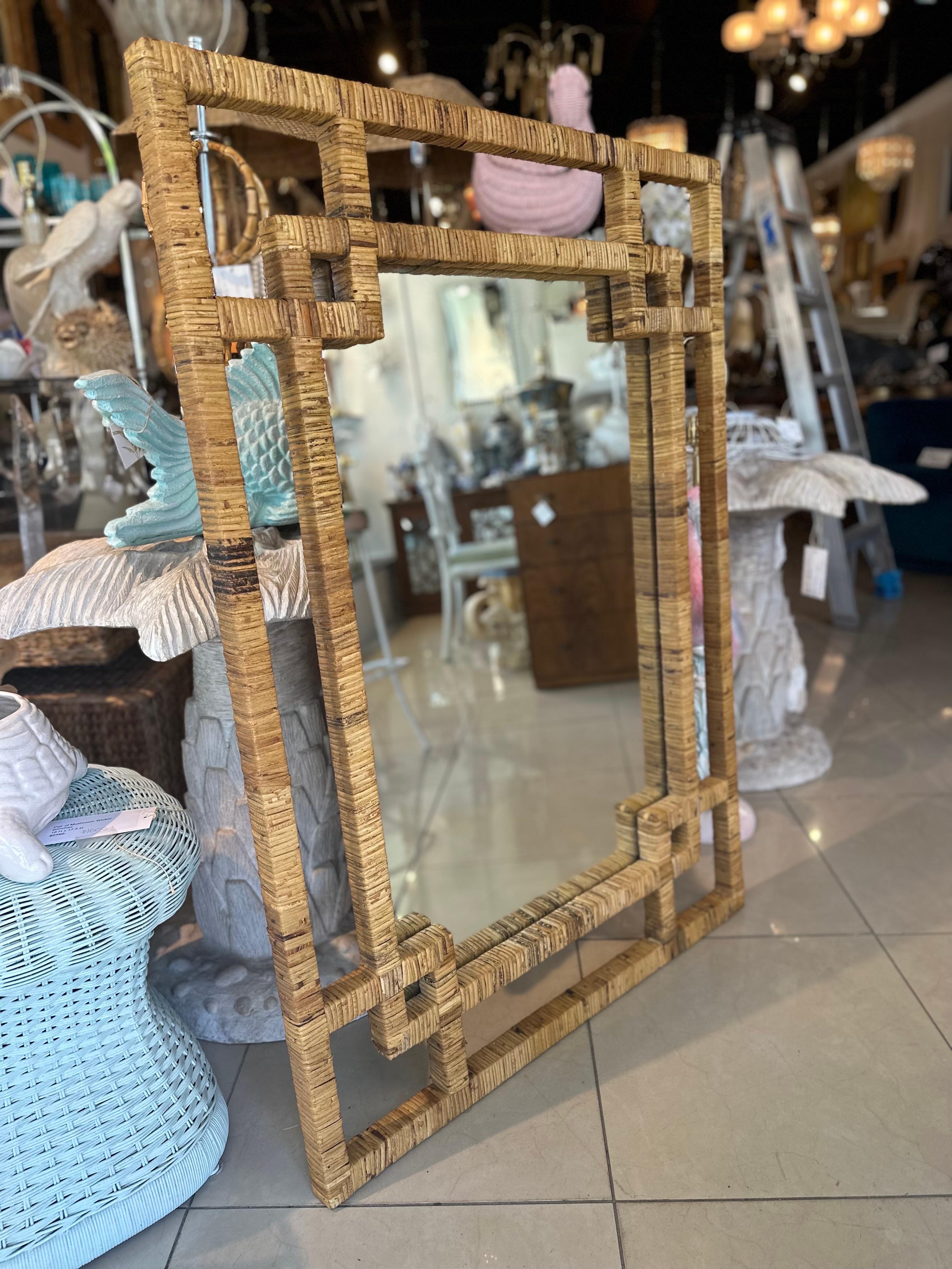 Vintage Palm Beach Woven Wrapped Rattan Geometric  Bamboo Wall Mirror  For Sale 6