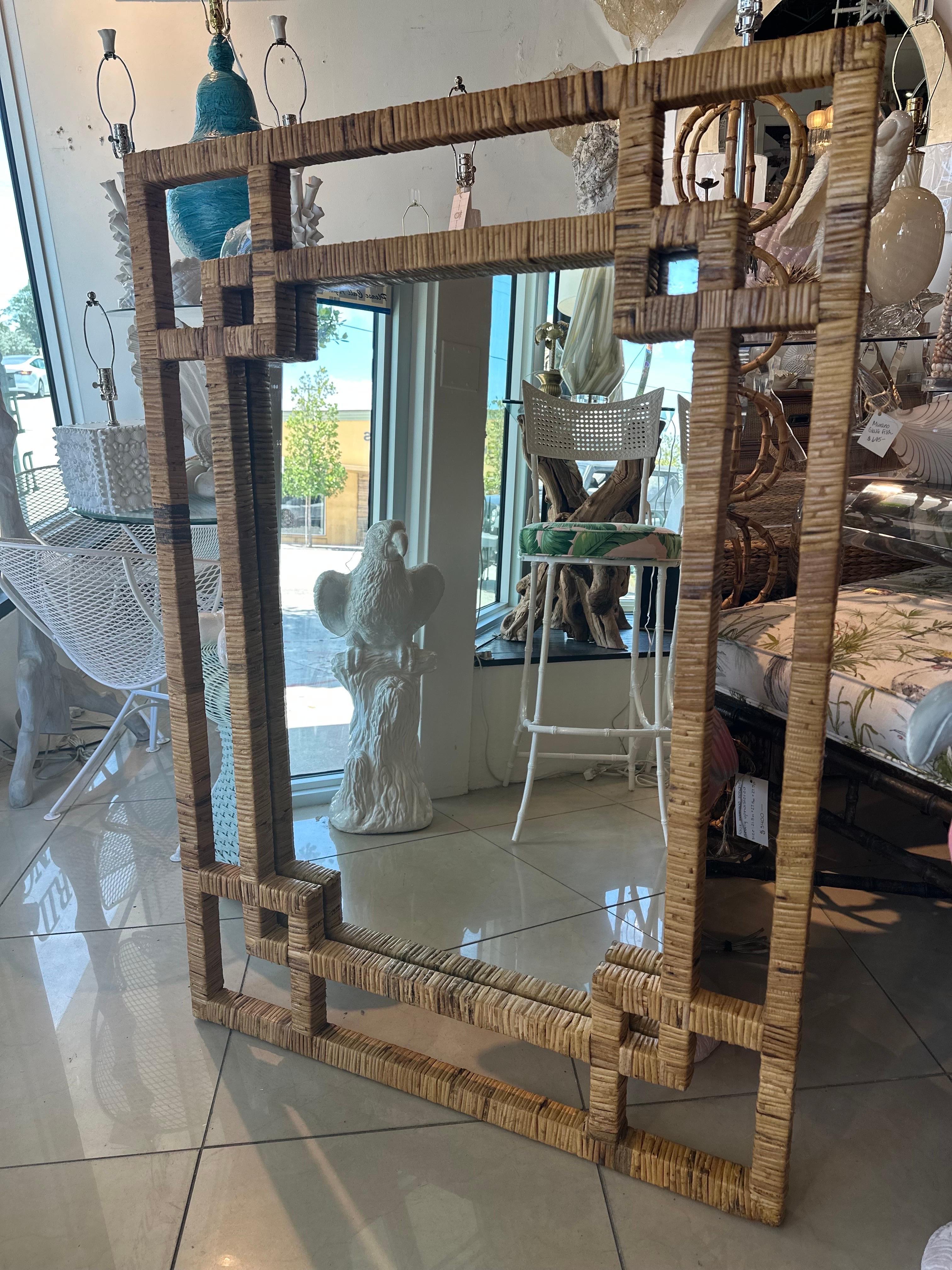 Mid-Century Modern Vintage Palm Beach Woven Wrapped Rattan Geometric  Bamboo Wall Mirror  For Sale