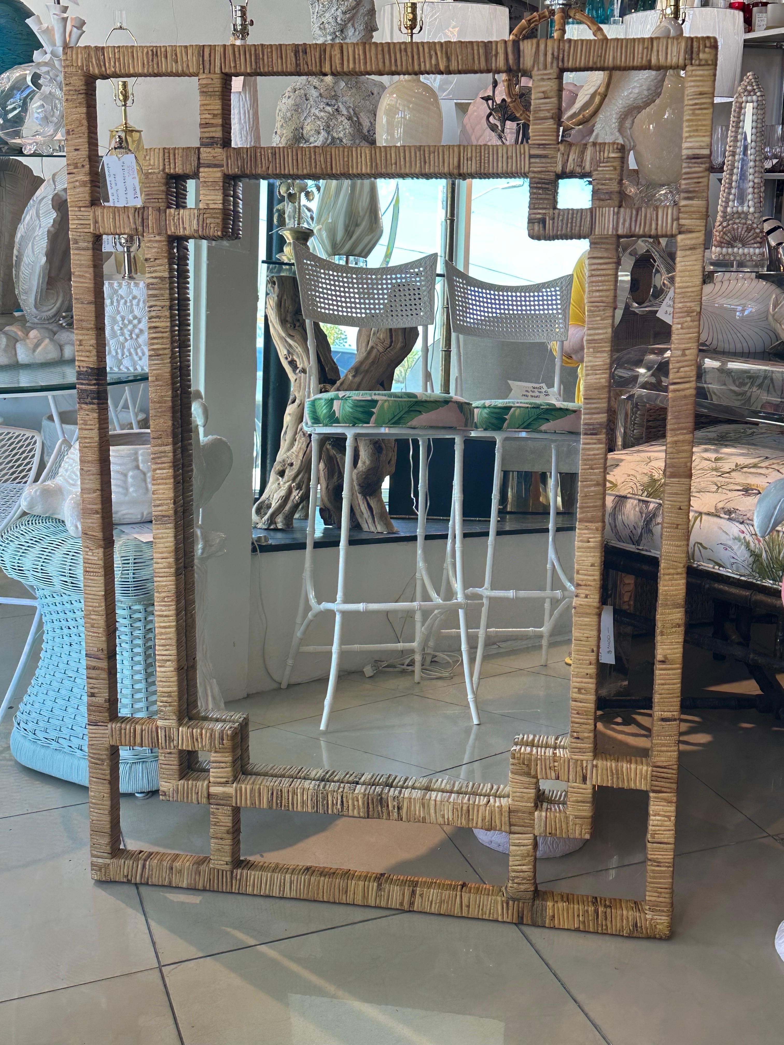 Vintage Palm Beach Woven Wrapped Rattan Geometric  Bamboo Wall Mirror  In Good Condition For Sale In West Palm Beach, FL