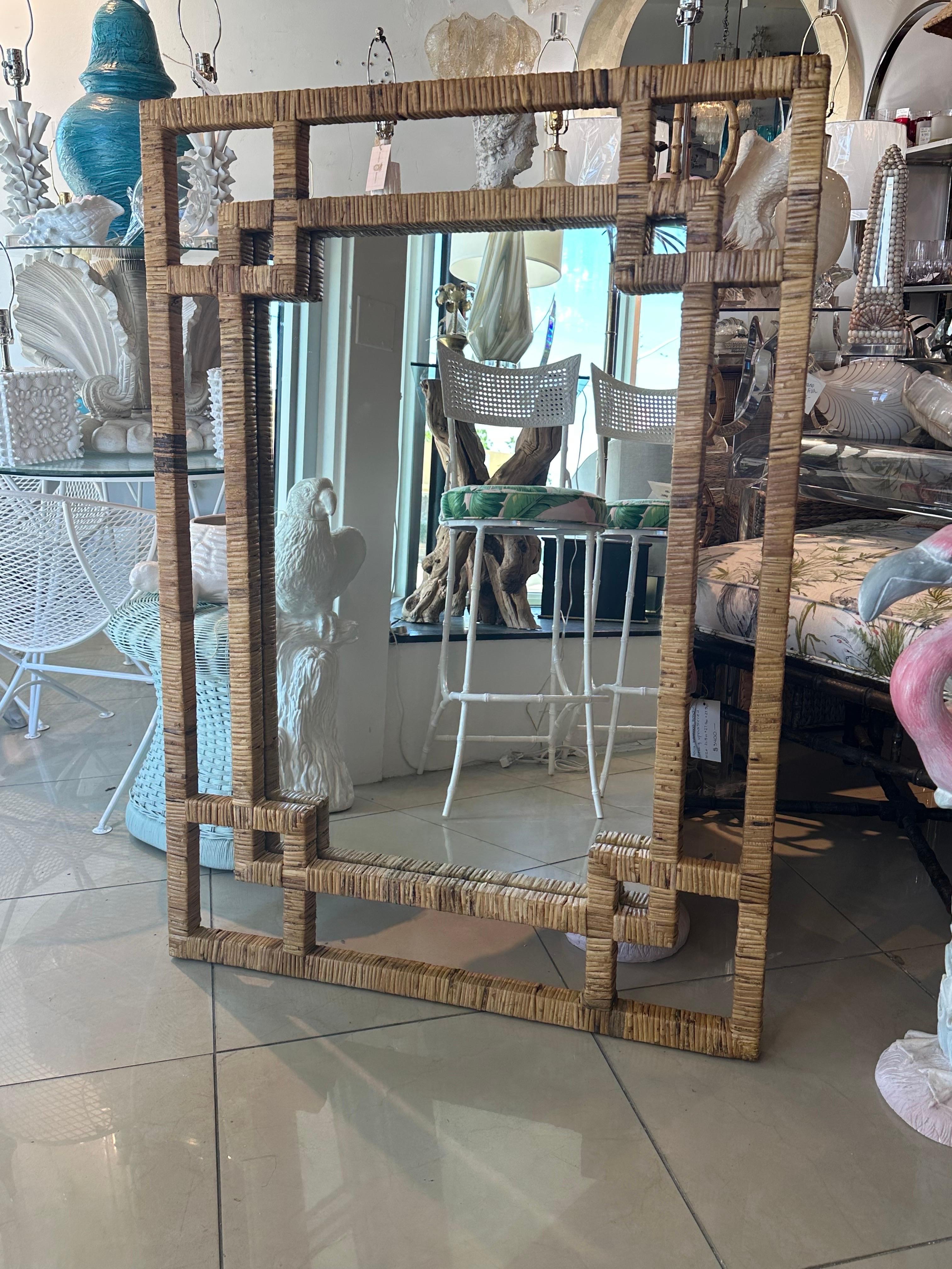 Late 20th Century Vintage Palm Beach Woven Wrapped Rattan Geometric  Bamboo Wall Mirror  For Sale