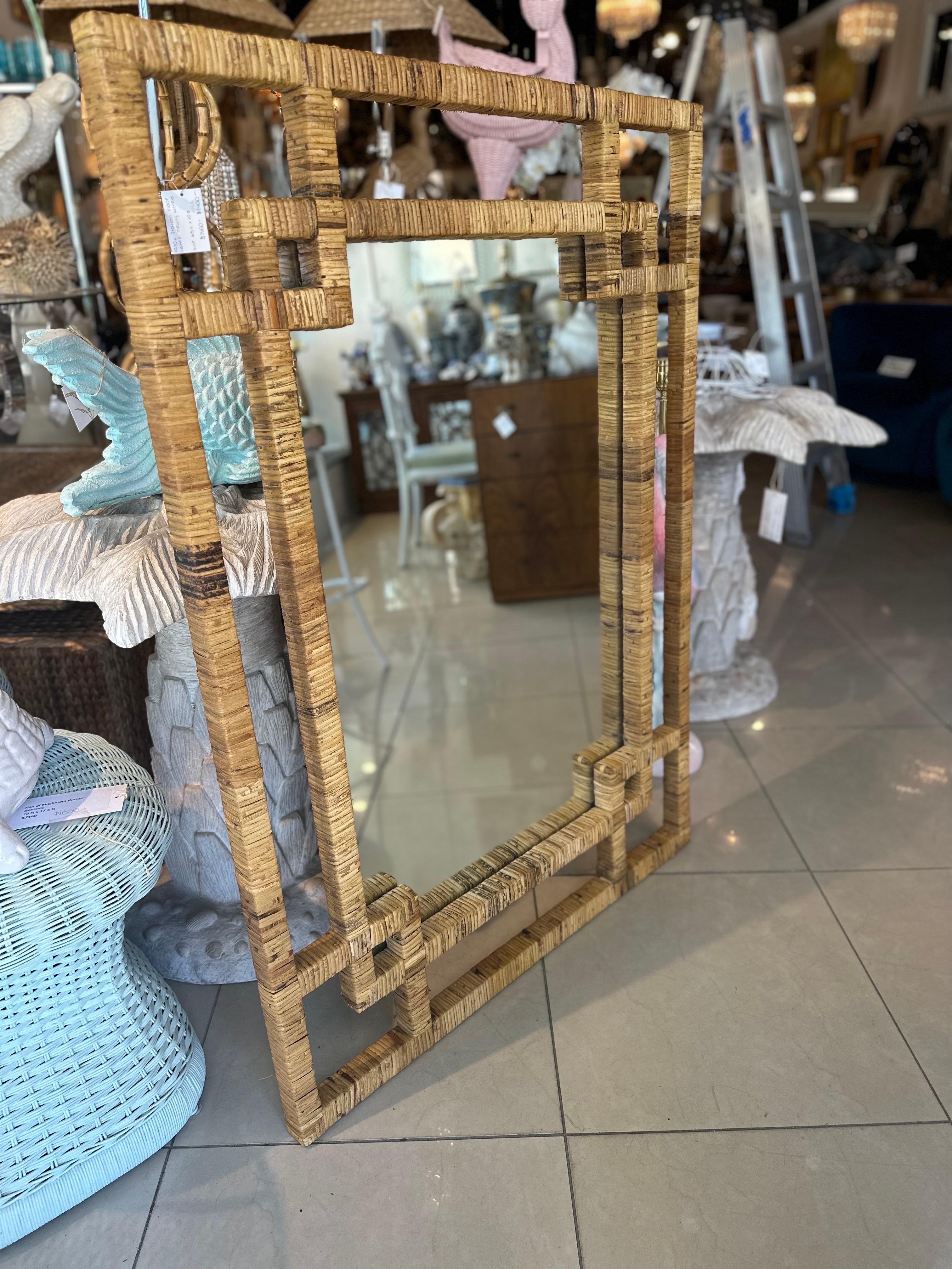 Vintage Palm Beach Woven Wrapped Rattan Geometric  Bamboo Wall Mirror  For Sale 1