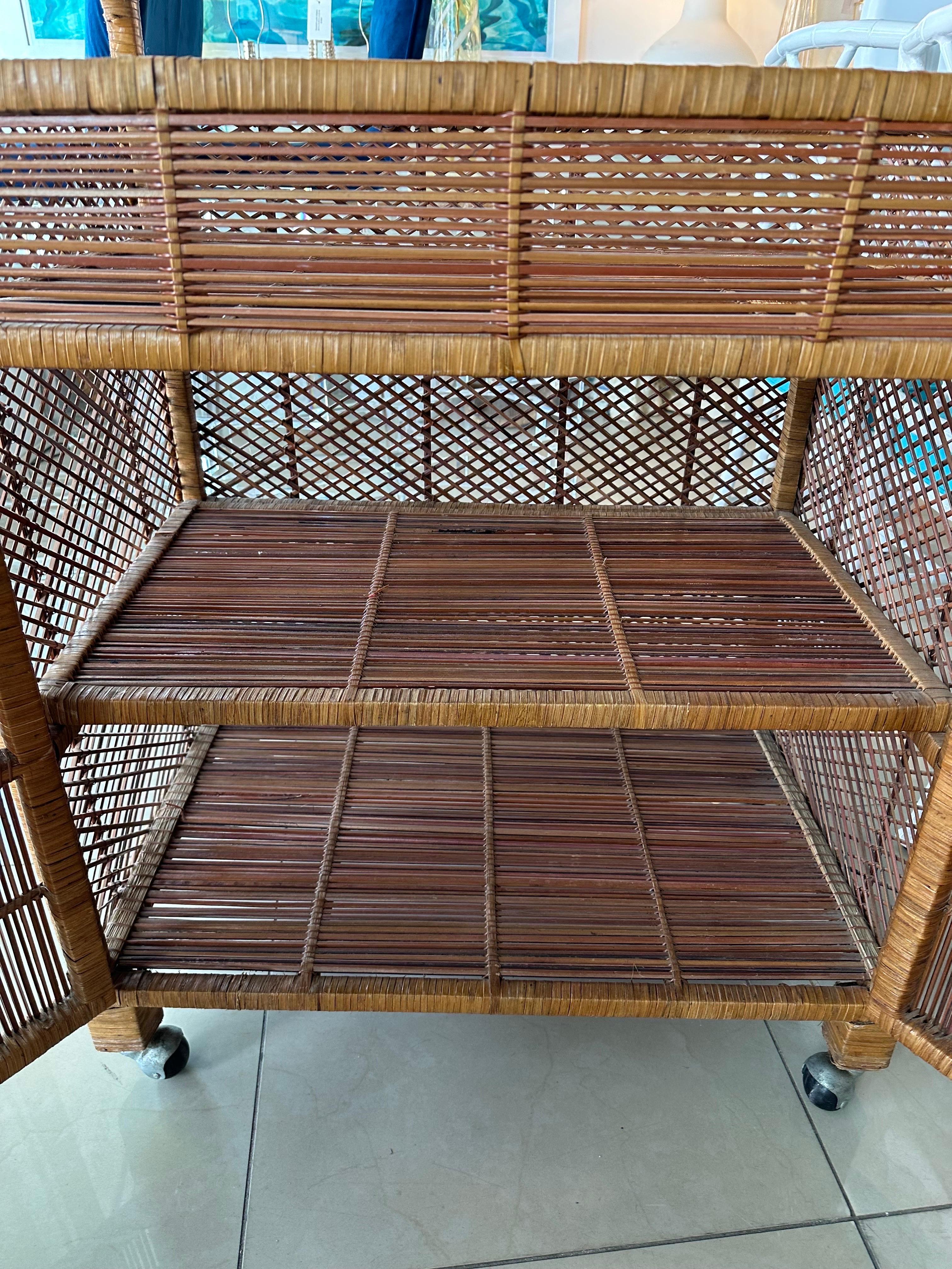 Vintage Palm Beach Wrapped Wicker Reed Rattan Bar Cart with Shelves & Doors For Sale 4