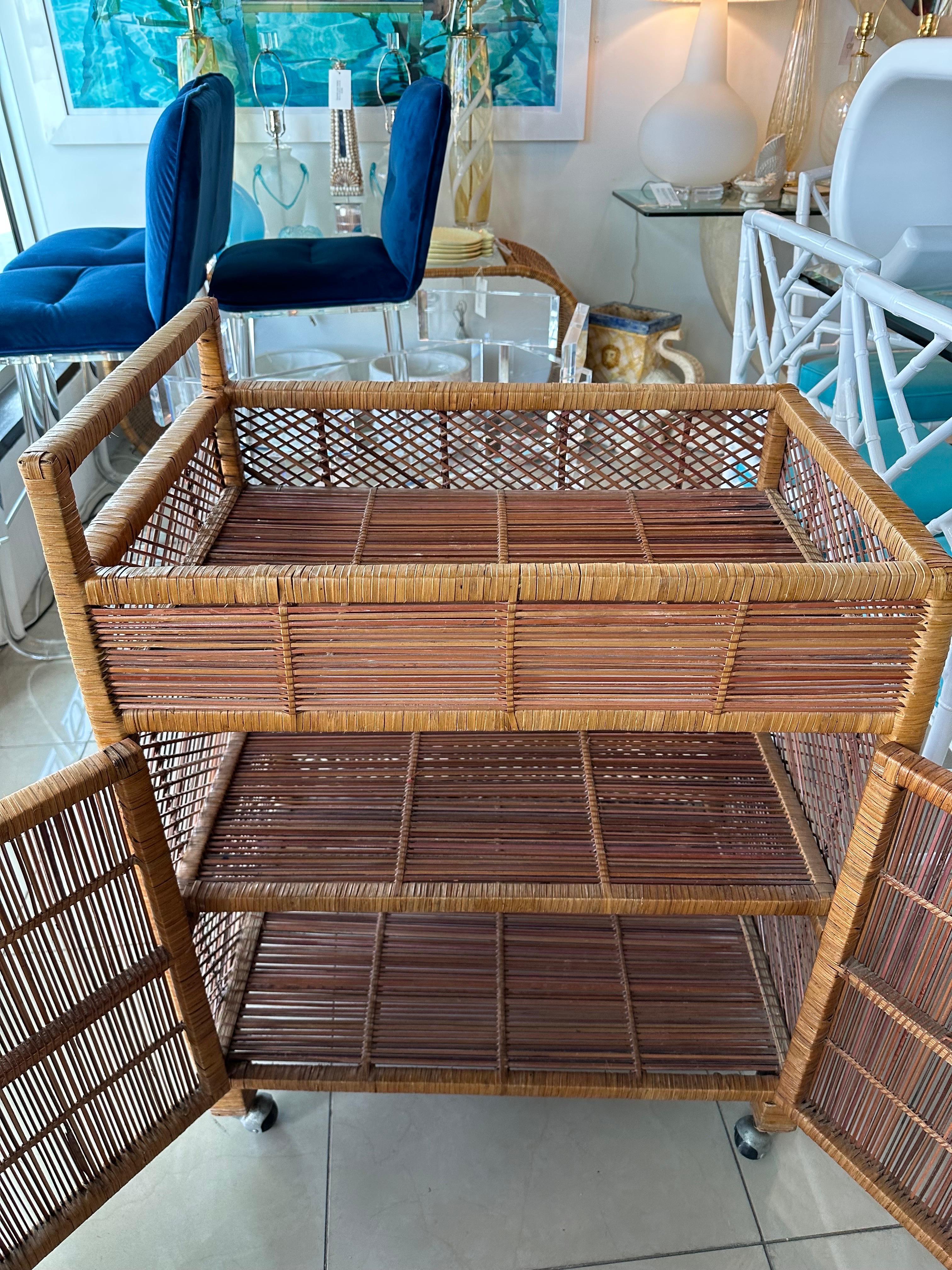 Vintage Palm Beach Wrapped Wicker Reed Rattan Bar Cart with Shelves & Doors For Sale 5