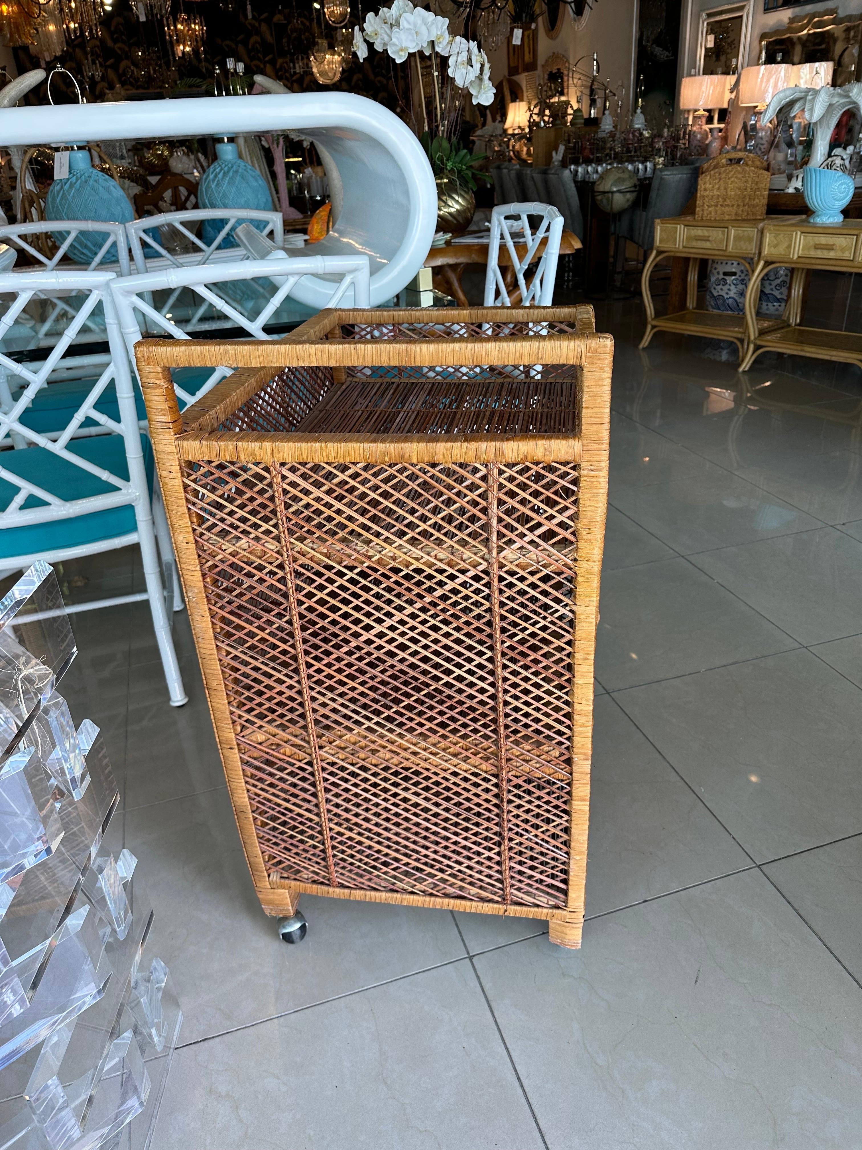 Late 20th Century Vintage Palm Beach Wrapped Wicker Reed Rattan Bar Cart with Shelves & Doors For Sale