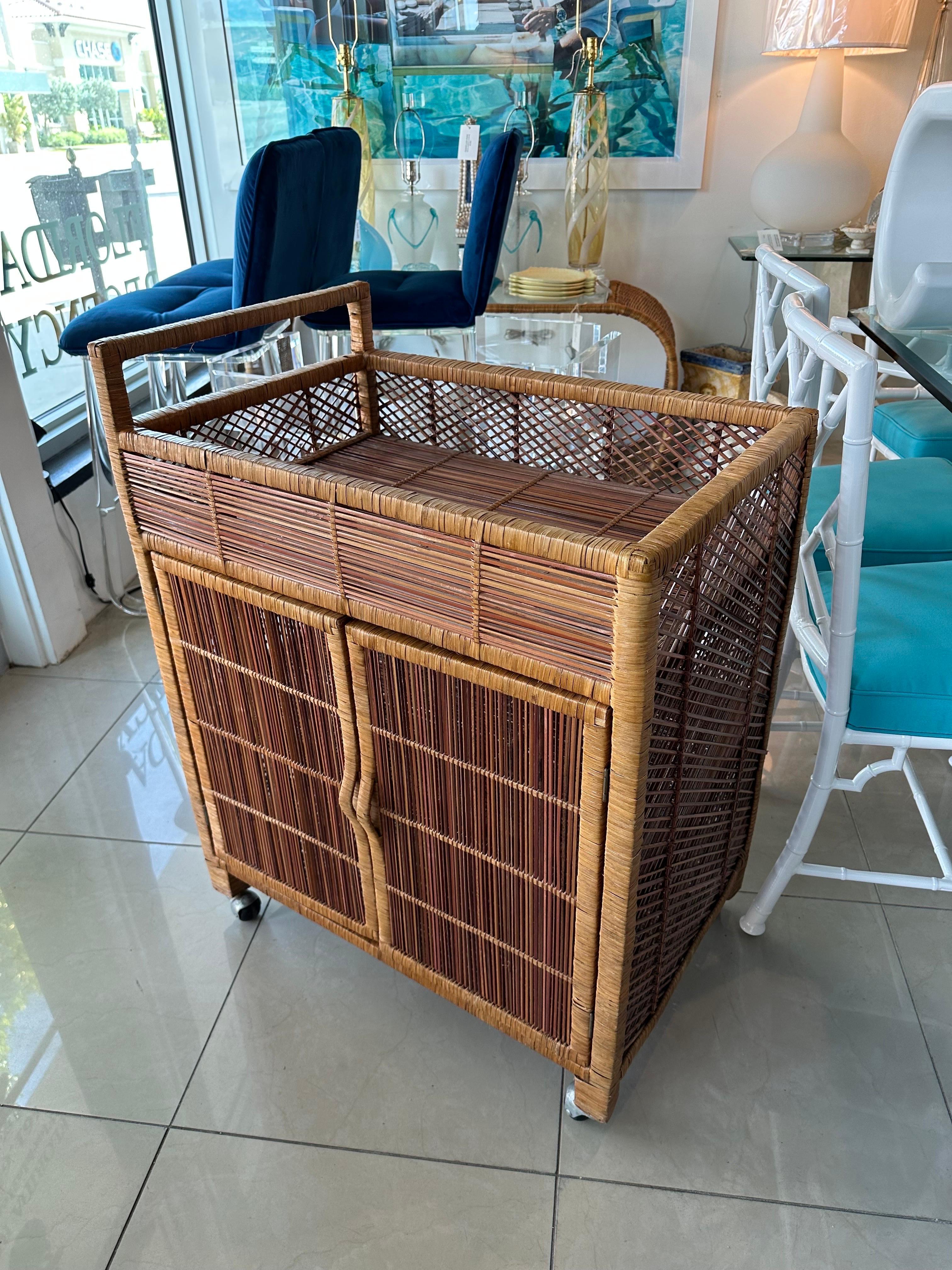 Vintage Palm Beach Wrapped Wicker Reed Rattan Bar Cart with Shelves & Doors For Sale 1