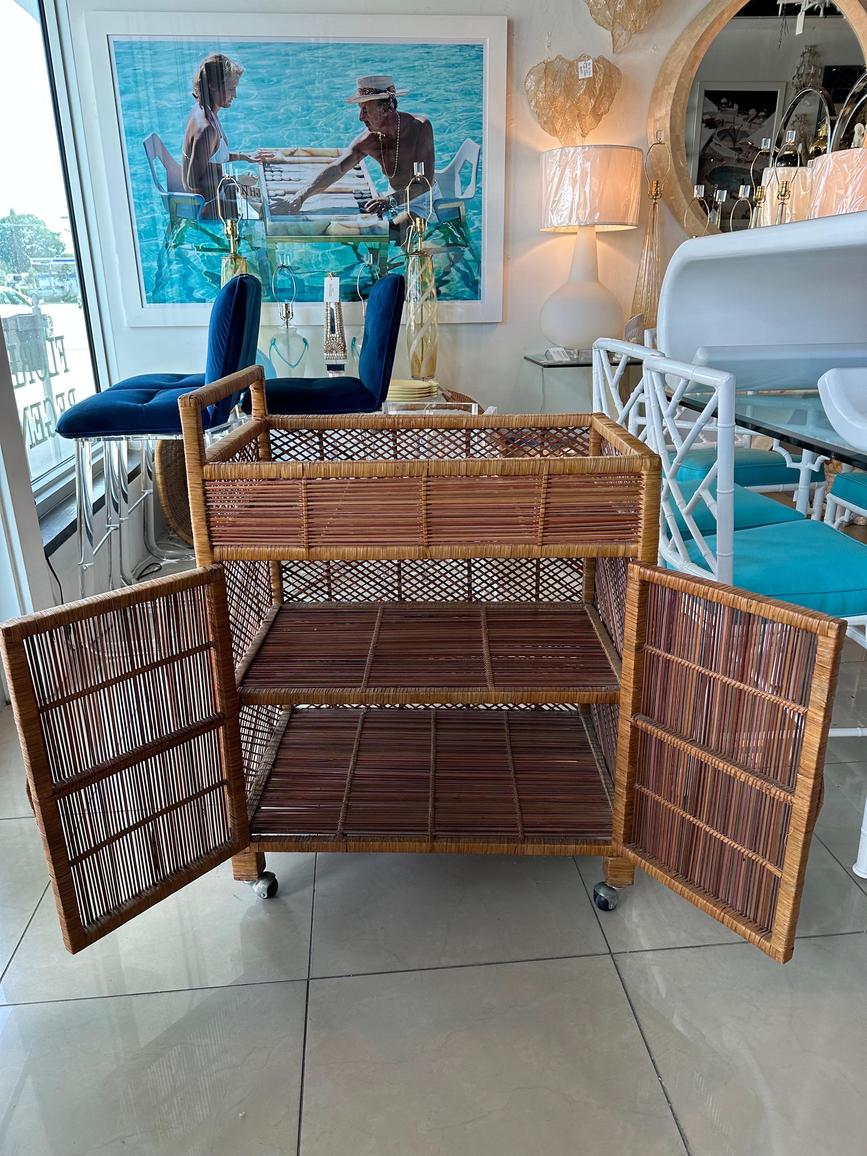 Vintage Palm Beach Wrapped Wicker Reed Rattan Bar Cart with Shelves & Doors For Sale 2