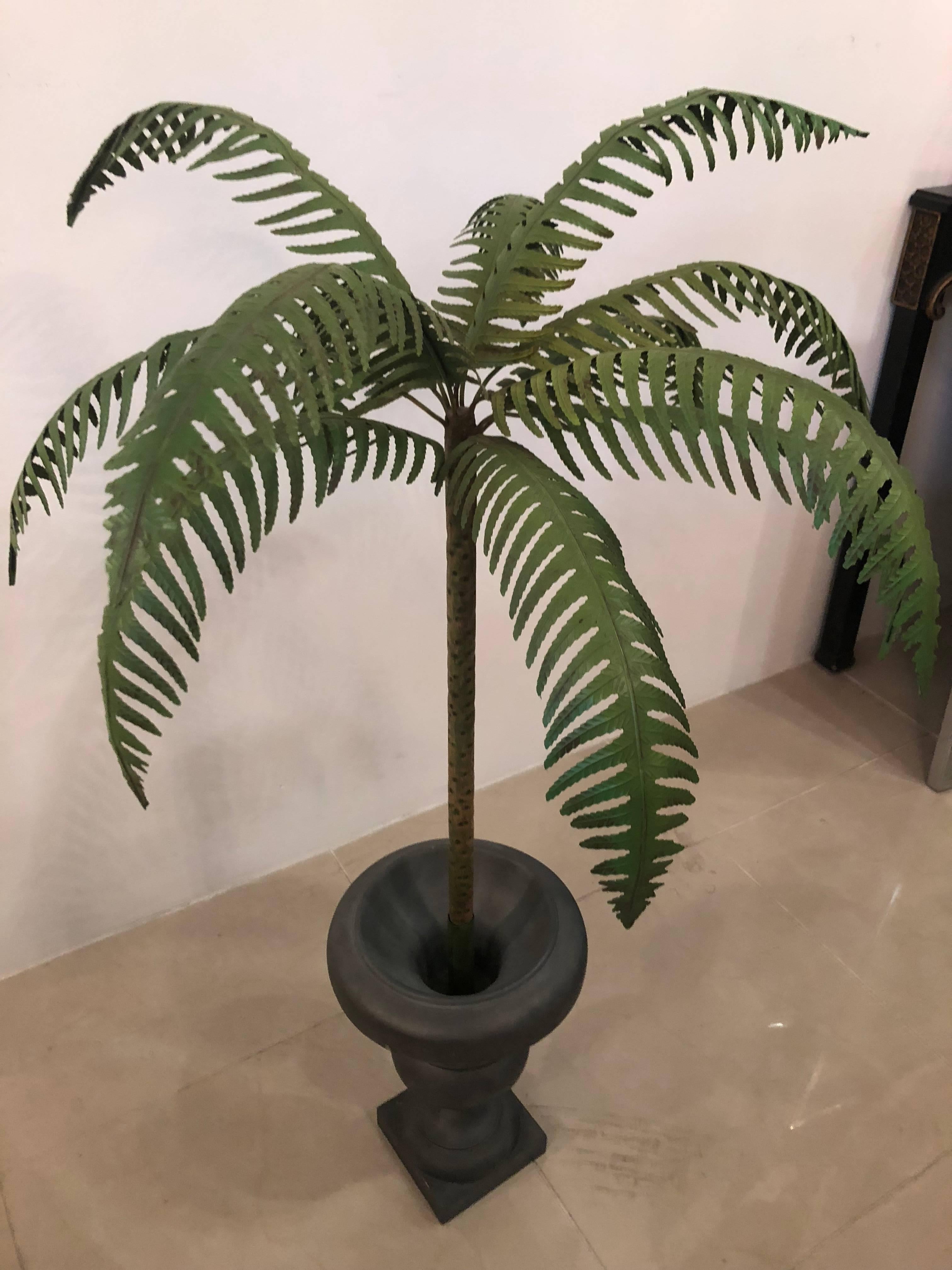 American Vintage Palm Frond Tree Leaf Metal Tole Urn For Sale