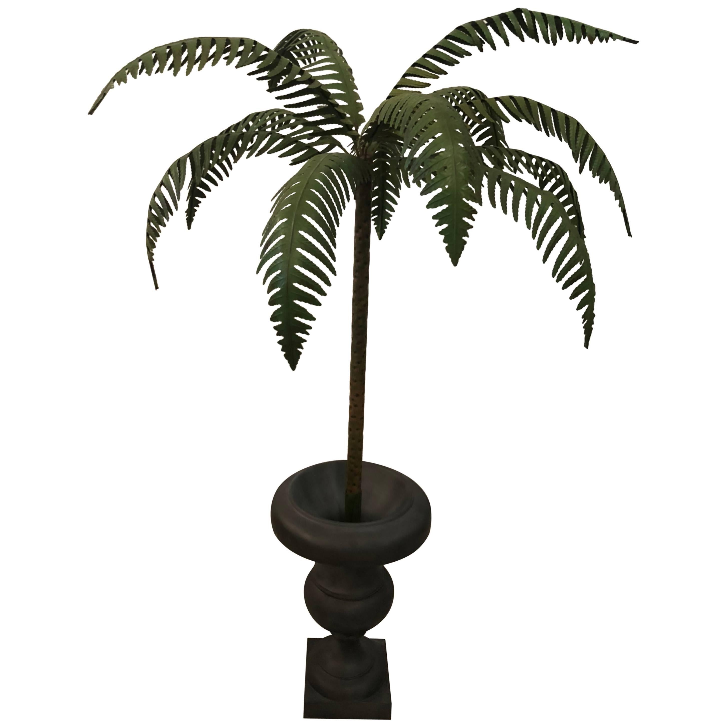 Vintage Palm Frond Tree Leaf Metal Tole Urn For Sale