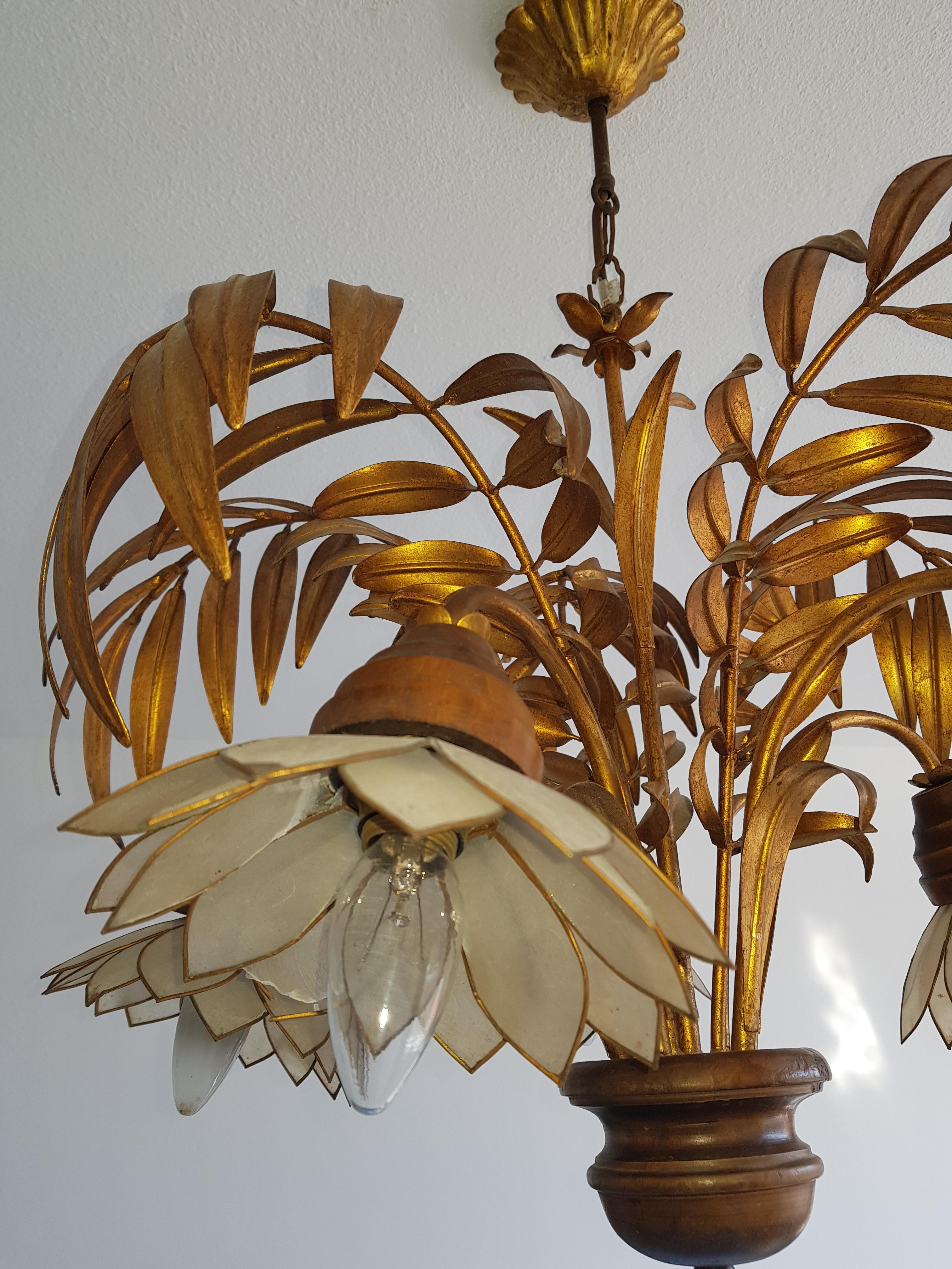 Hollywood Regency Vintage Palm Leaf Chandelier, 1970s For Sale