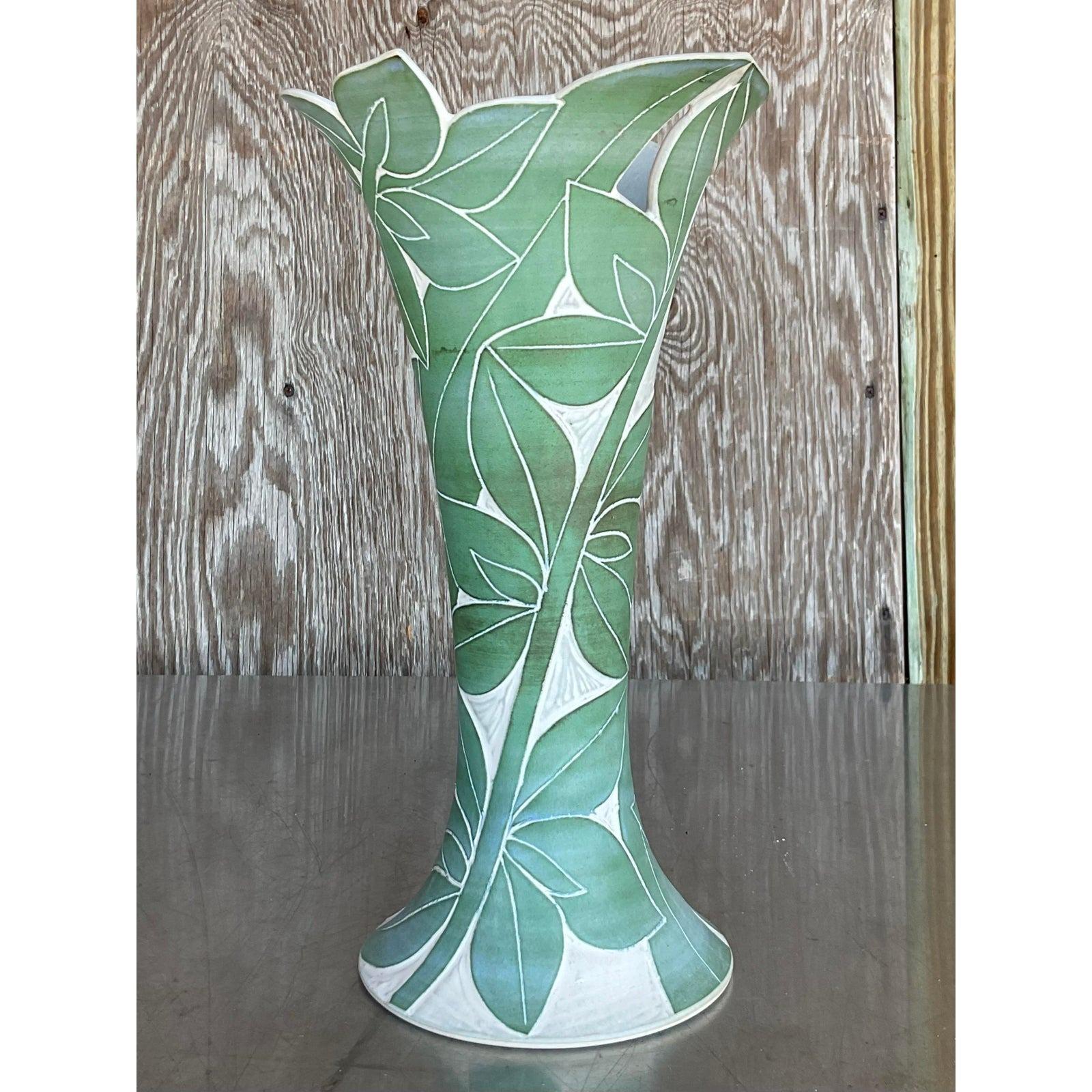 North American Vintage Palm Leaf Engraved Vase For Sale