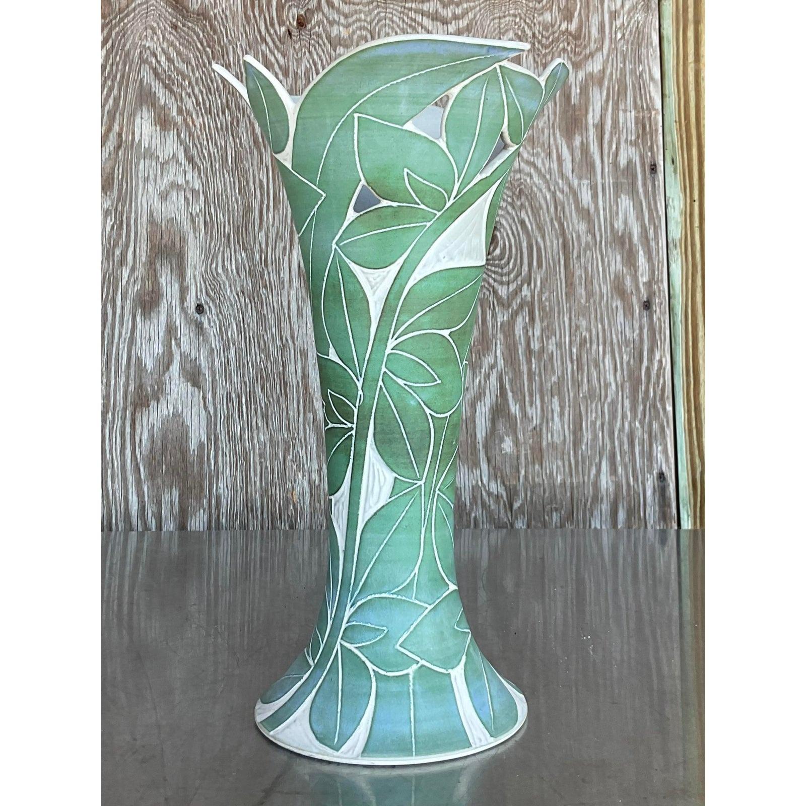 20th Century Vintage Palm Leaf Engraved Vase For Sale