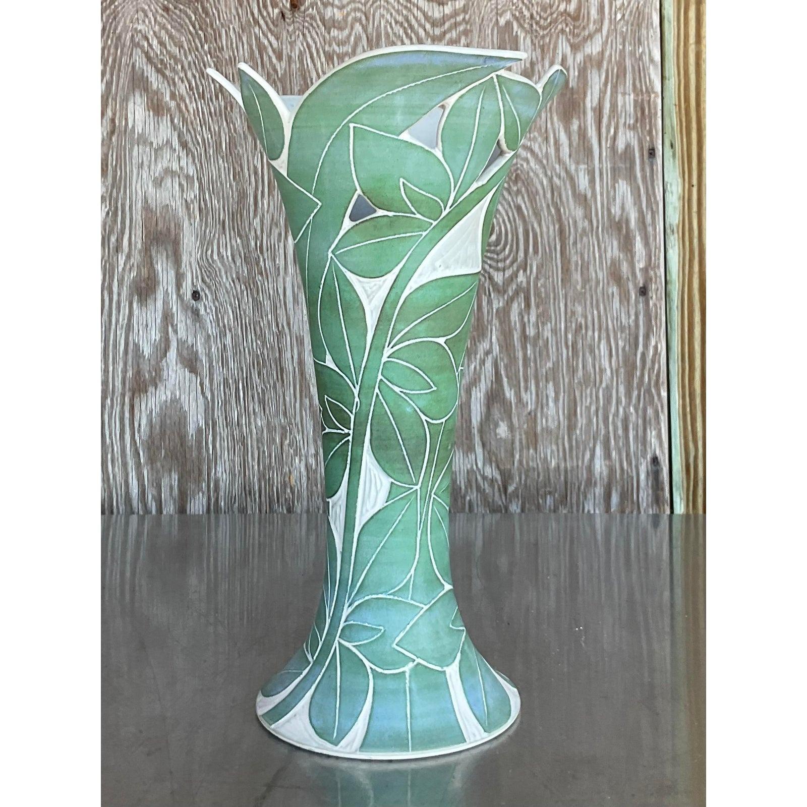 Ceramic Vintage Palm Leaf Engraved Vase For Sale