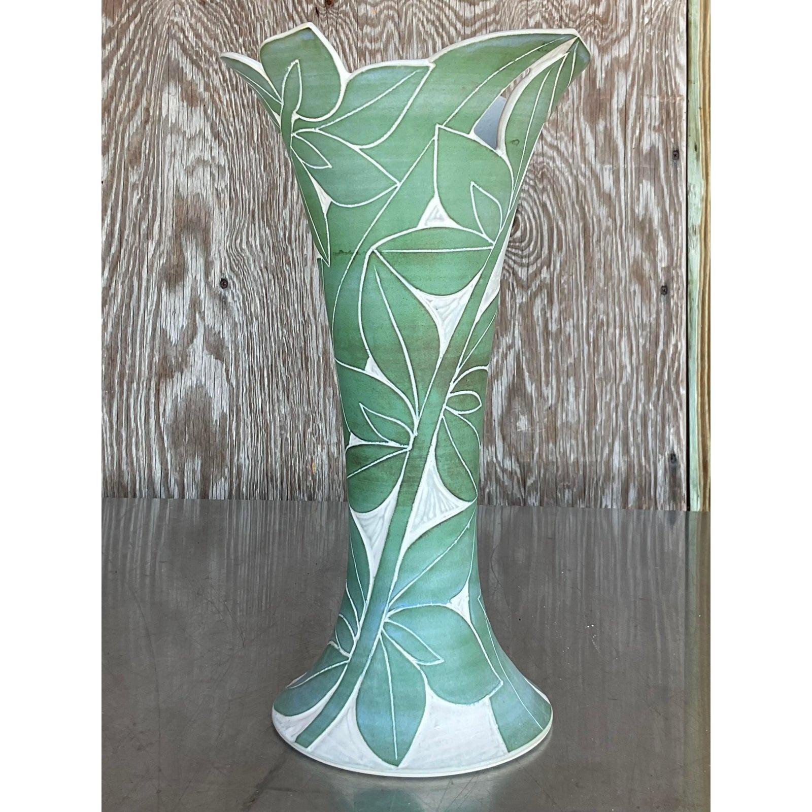 Vintage Palm Leaf Engraved Vase For Sale 1