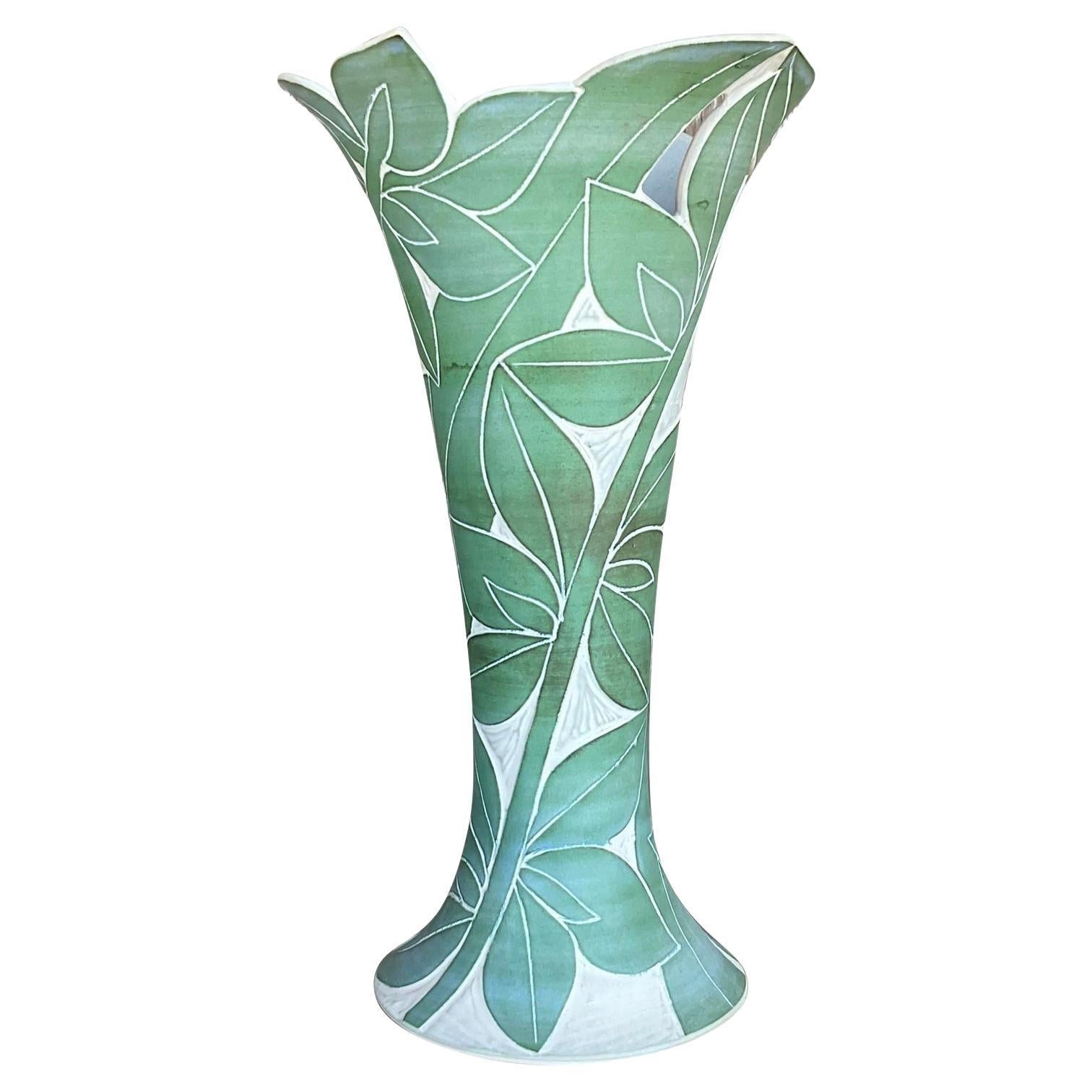 Vintage Palm Leaf Engraved Vase For Sale