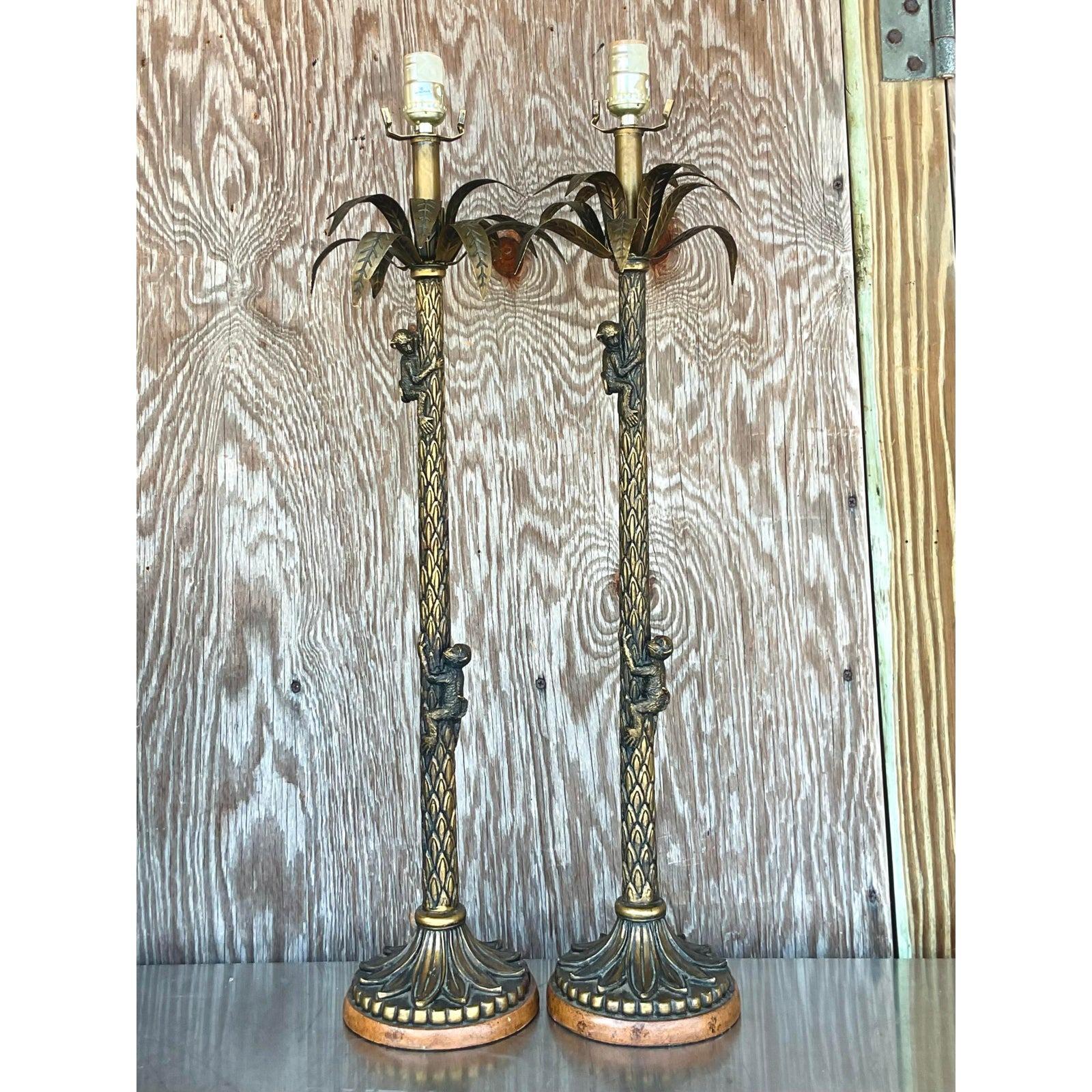 North American Vintage Palm Tree and Monkey Lamps - a Pair