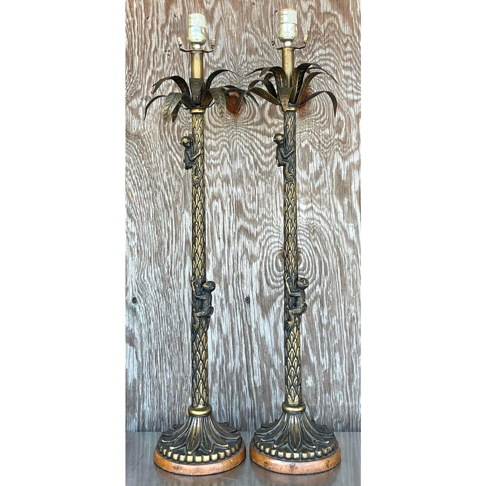 Vintage Palm Tree and Monkey Lamps - a Pair In Good Condition For Sale In west palm beach, FL