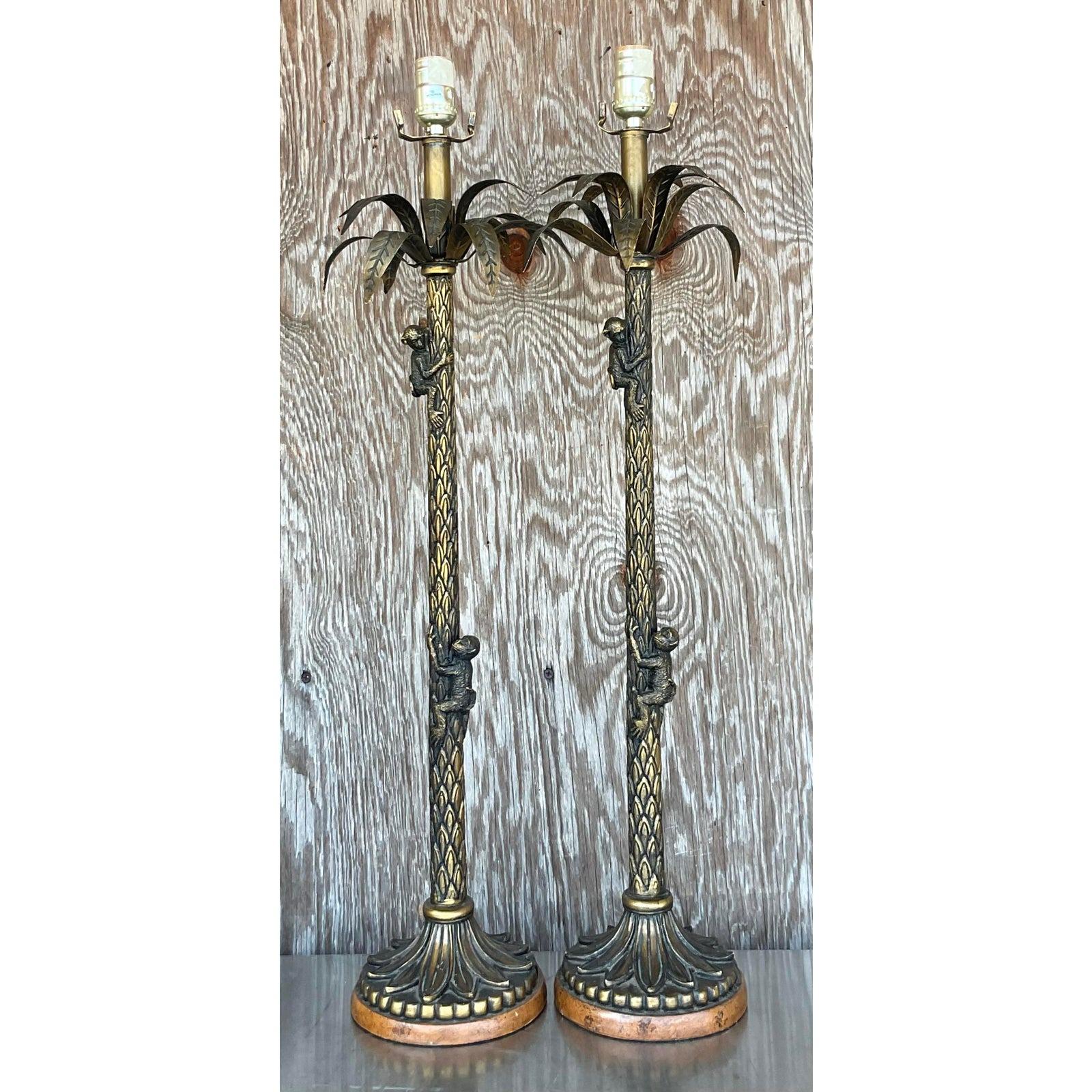 Brass Vintage Palm Tree and Monkey Lamps - a Pair For Sale