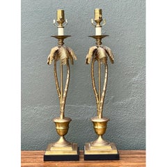 Vintage Palm Tree Brass Table Lamps - Pair