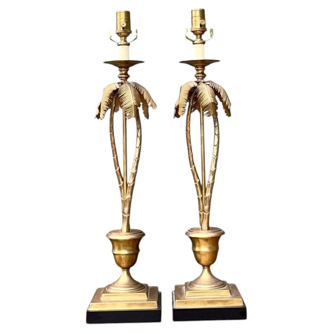 Vintage Palm Tree Brass Table Lamps - Pair