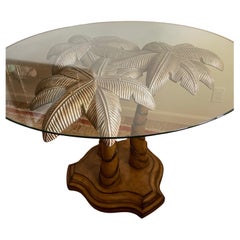 Vintage Palm Tree Dining Table with Glass Top, Hollywood Regency Style