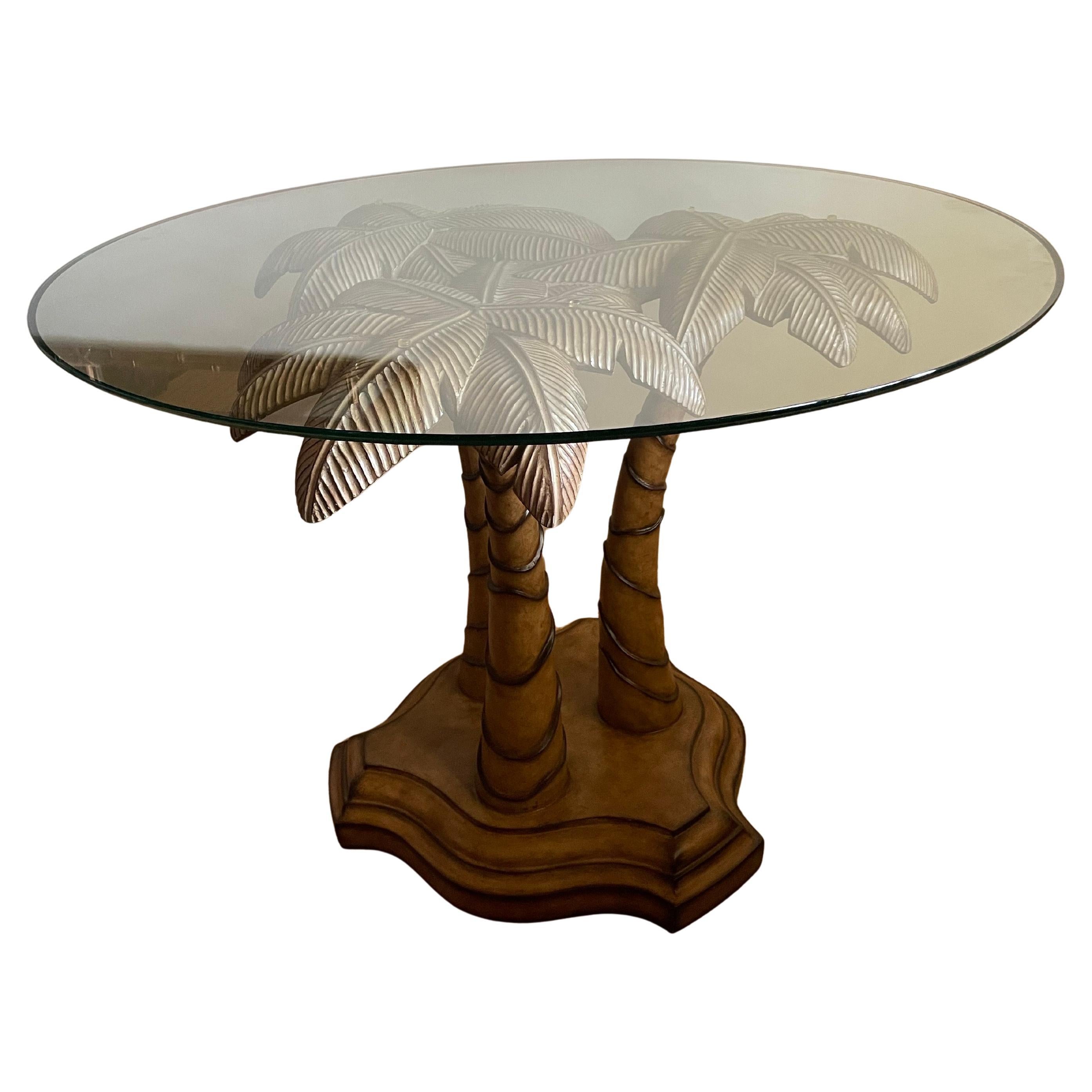Table de salle à manger vintage en palmier avec plateau en verre