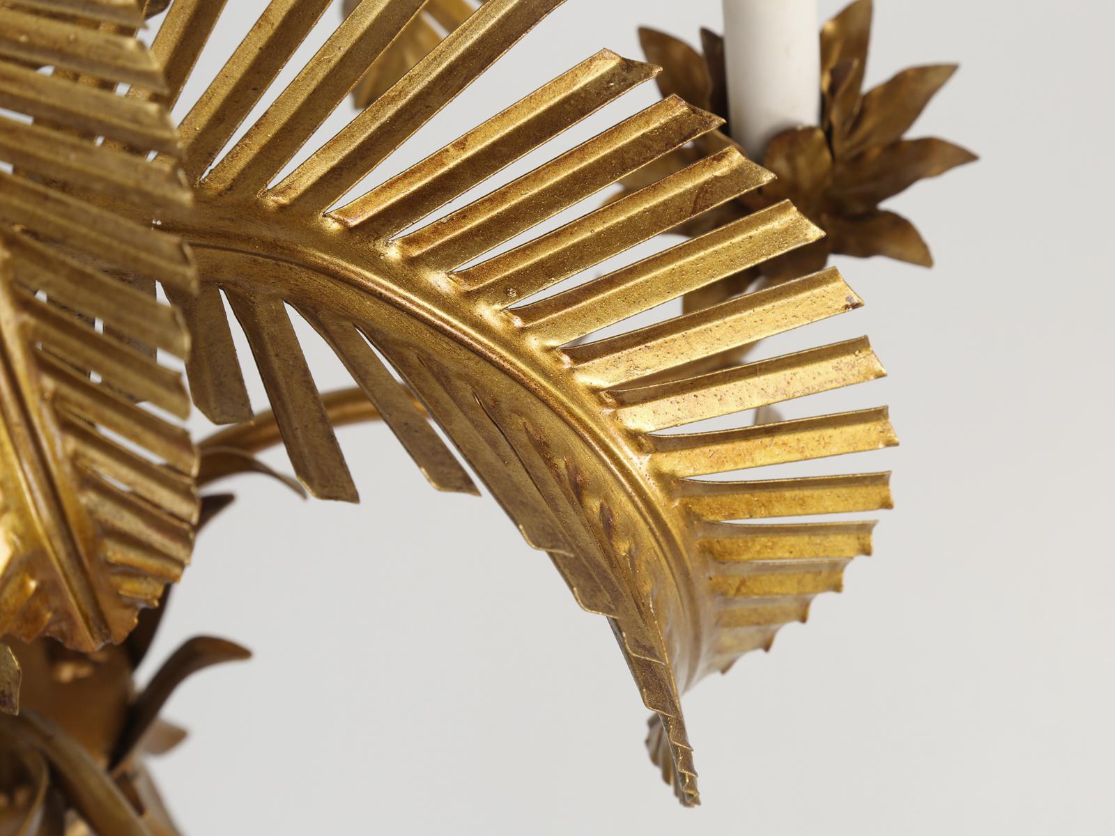 Vintage Palm Tree Frond Gilt Leaves Chandelier, Metal Tole 2